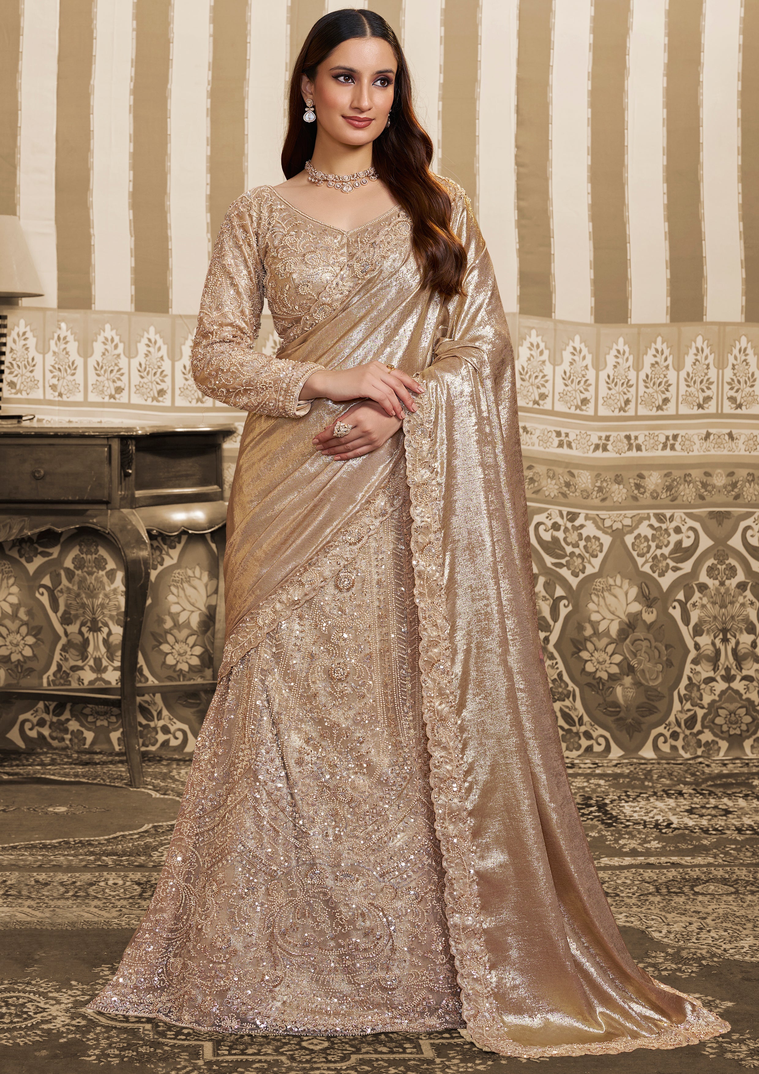 Champagne Shimmer Embellished Satin Silk Lehenga Saree