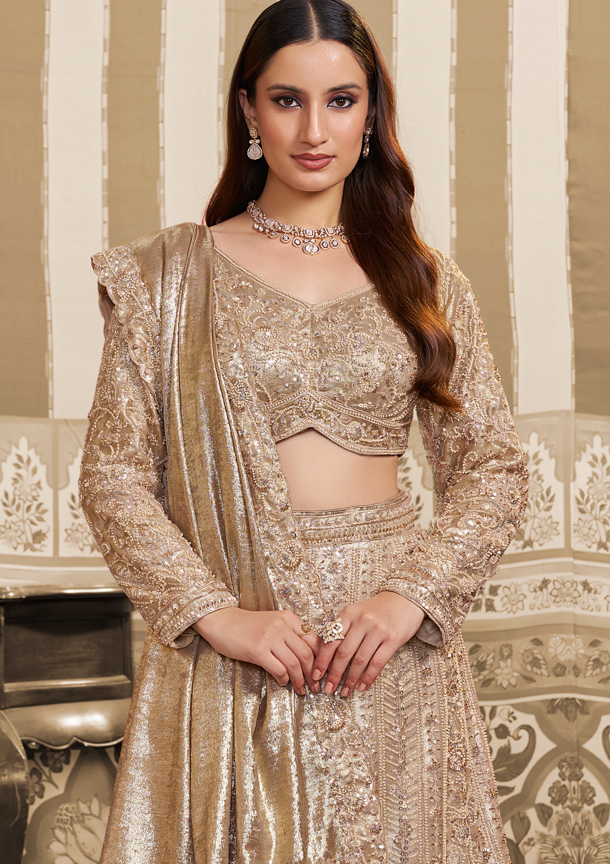 Champagne Shimmer Embellished Satin Silk Lehenga Saree