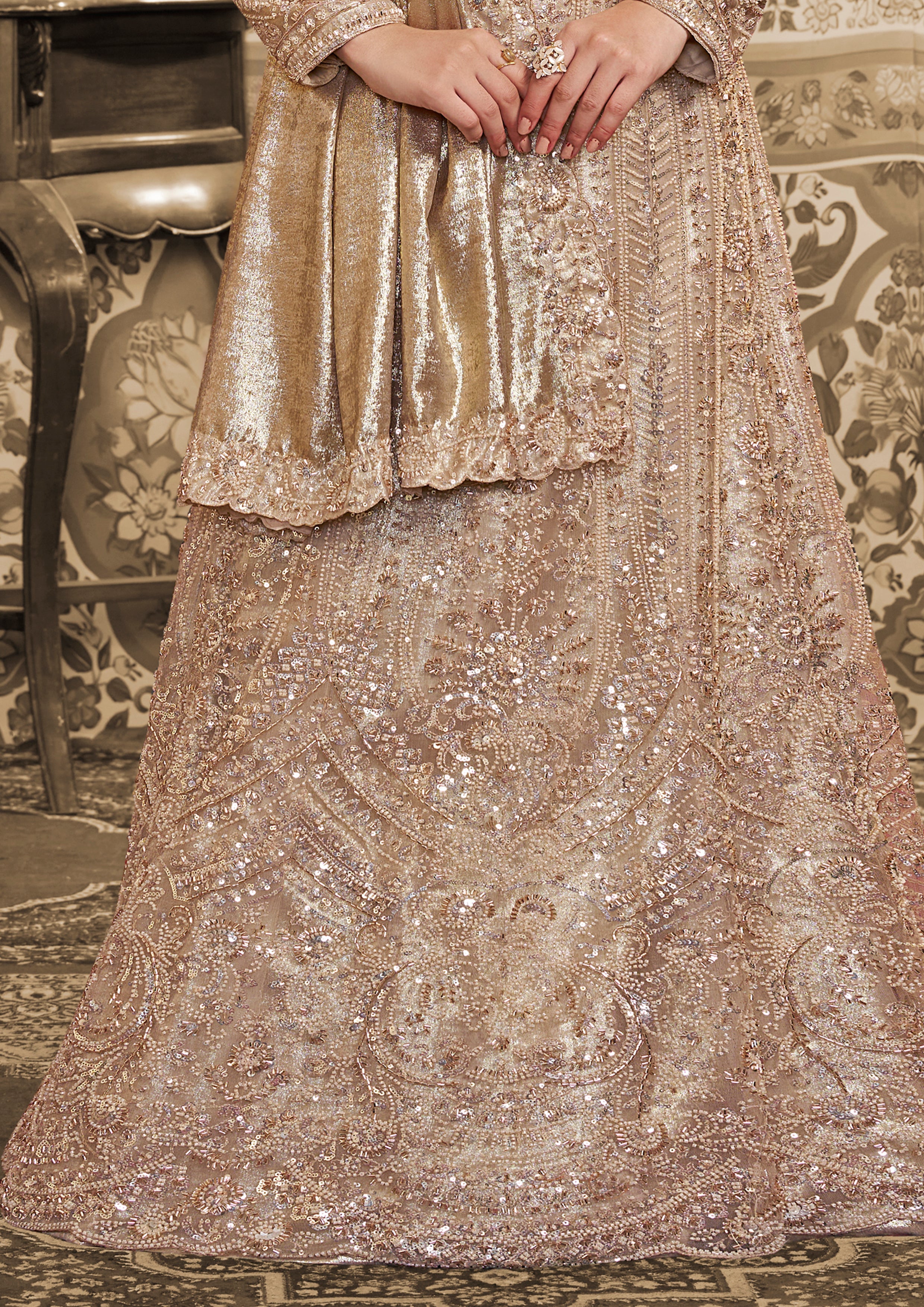Champagne Shimmer Embellished Satin Silk Lehenga Saree