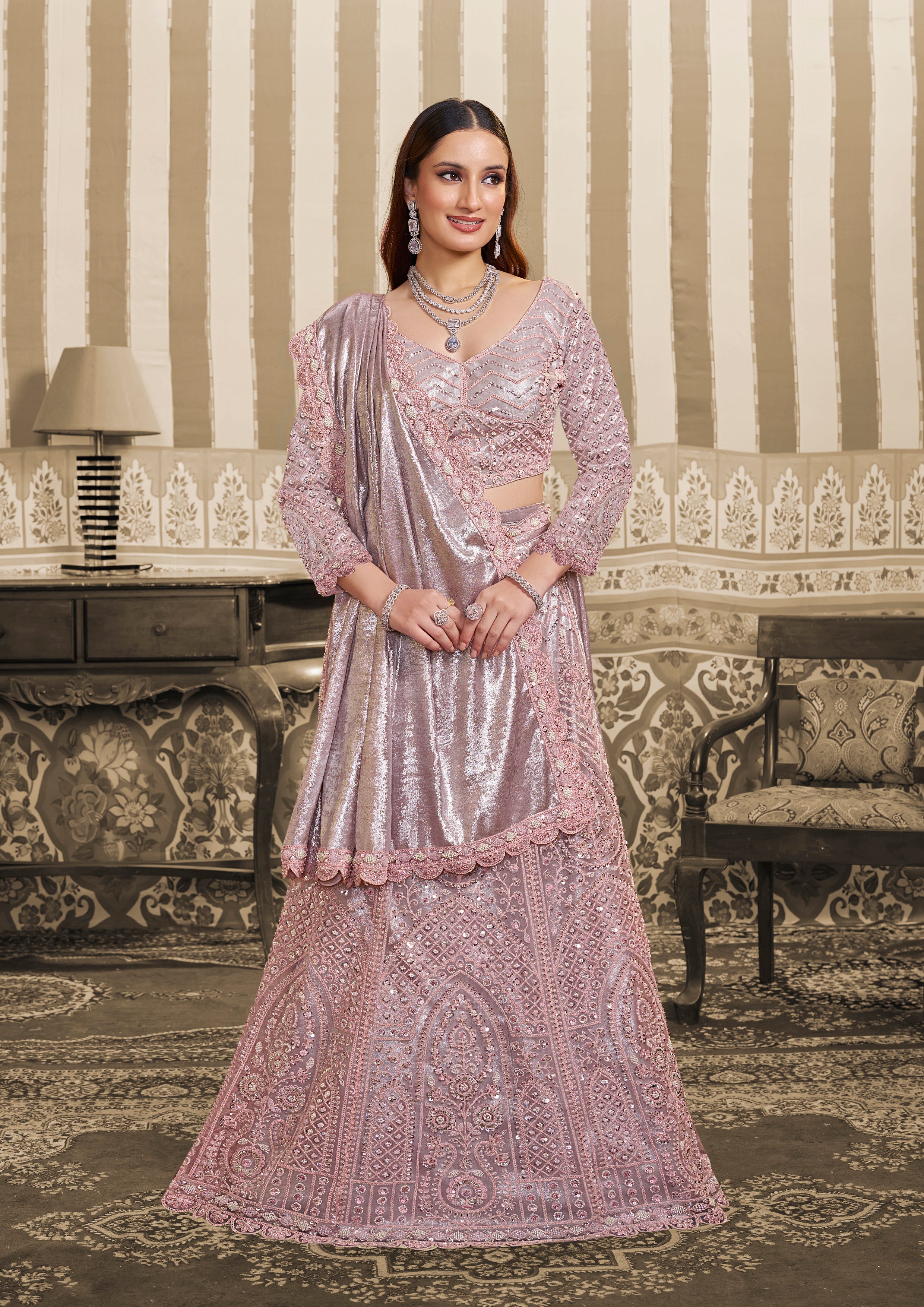 Lilac Silver Embellished Satin Silk Lehenga Saree