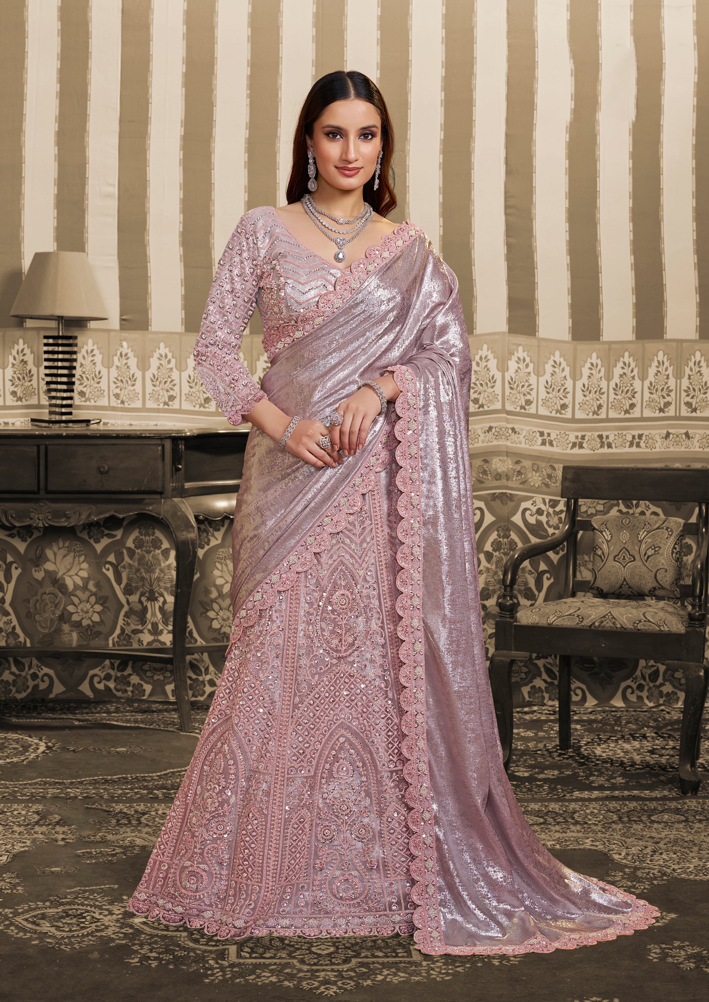 Lilac Silver Embellished Satin Silk Lehenga Saree