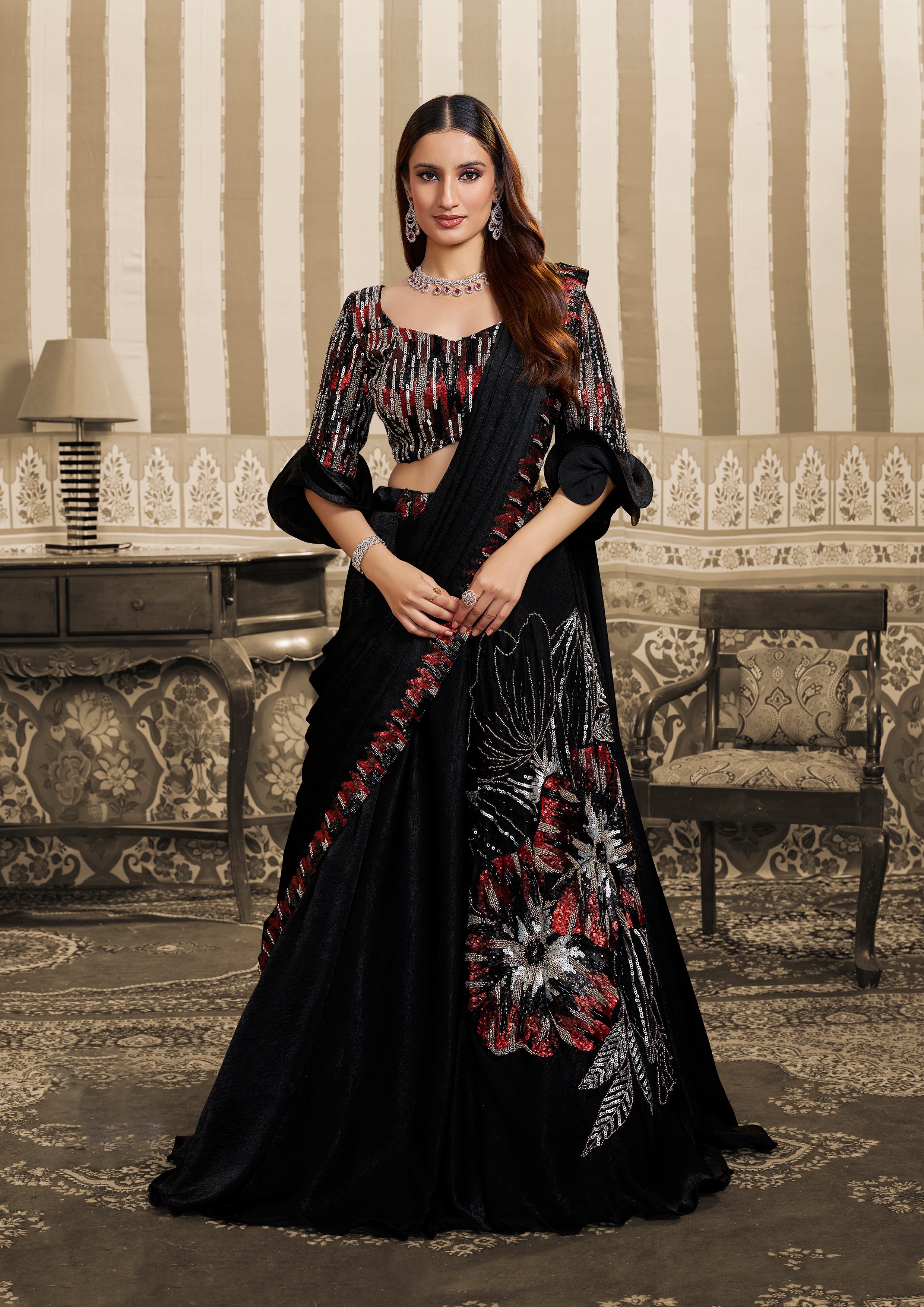 Midnight Black Embellished Satin Silk Lehenga Saree