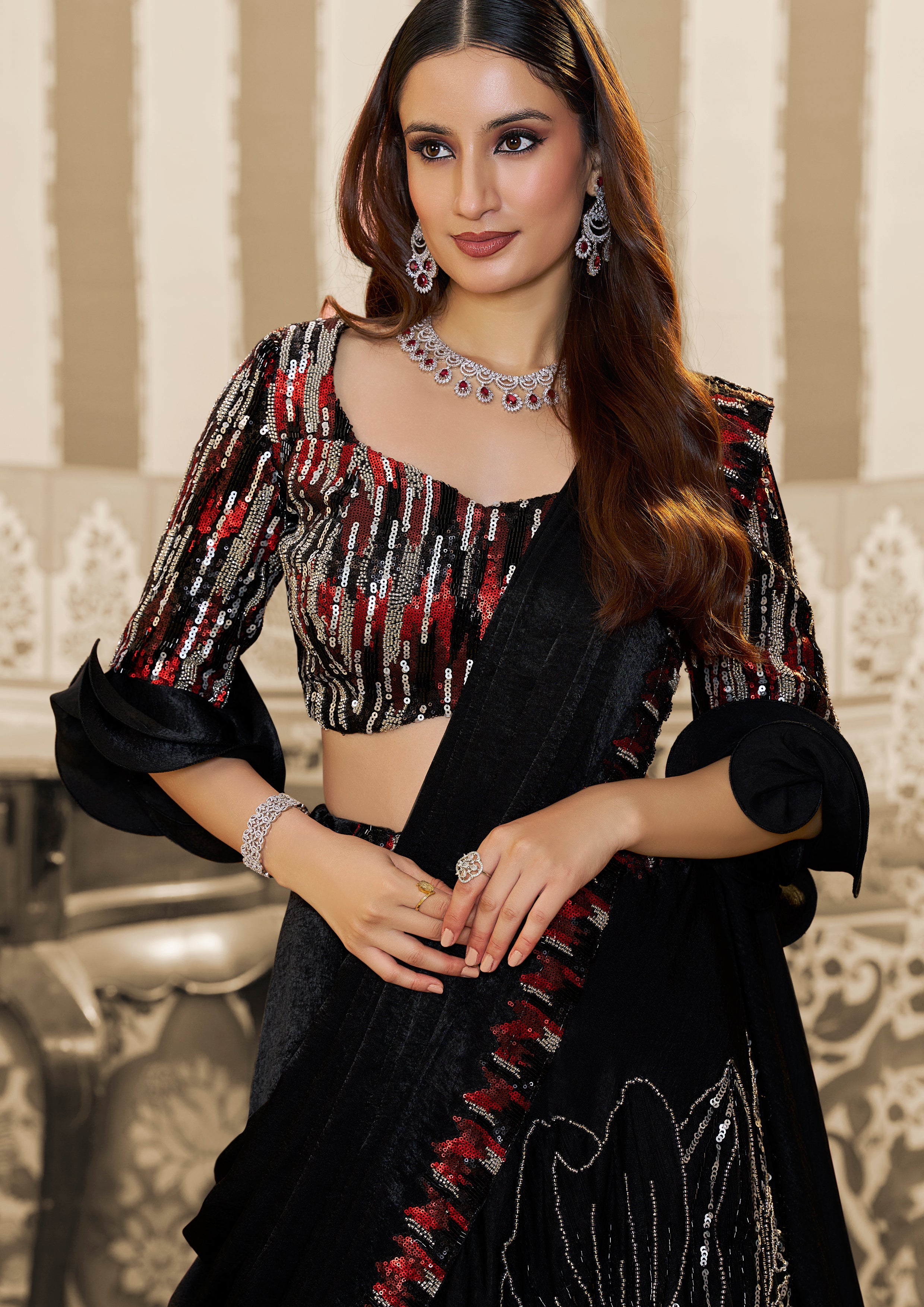 Midnight Black Embellished Satin Silk Lehenga Saree