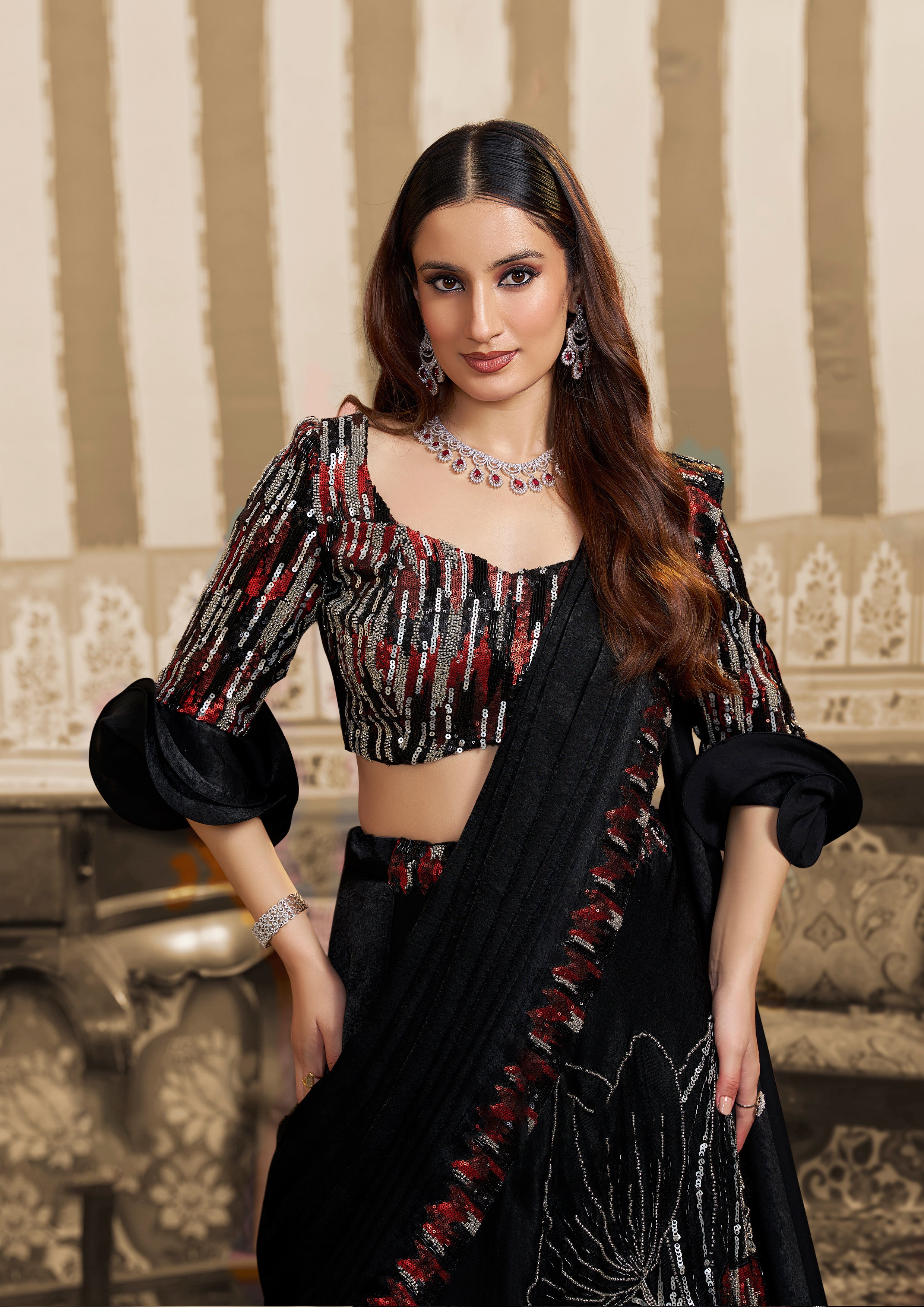 Midnight Black Embellished Satin Silk Lehenga Saree