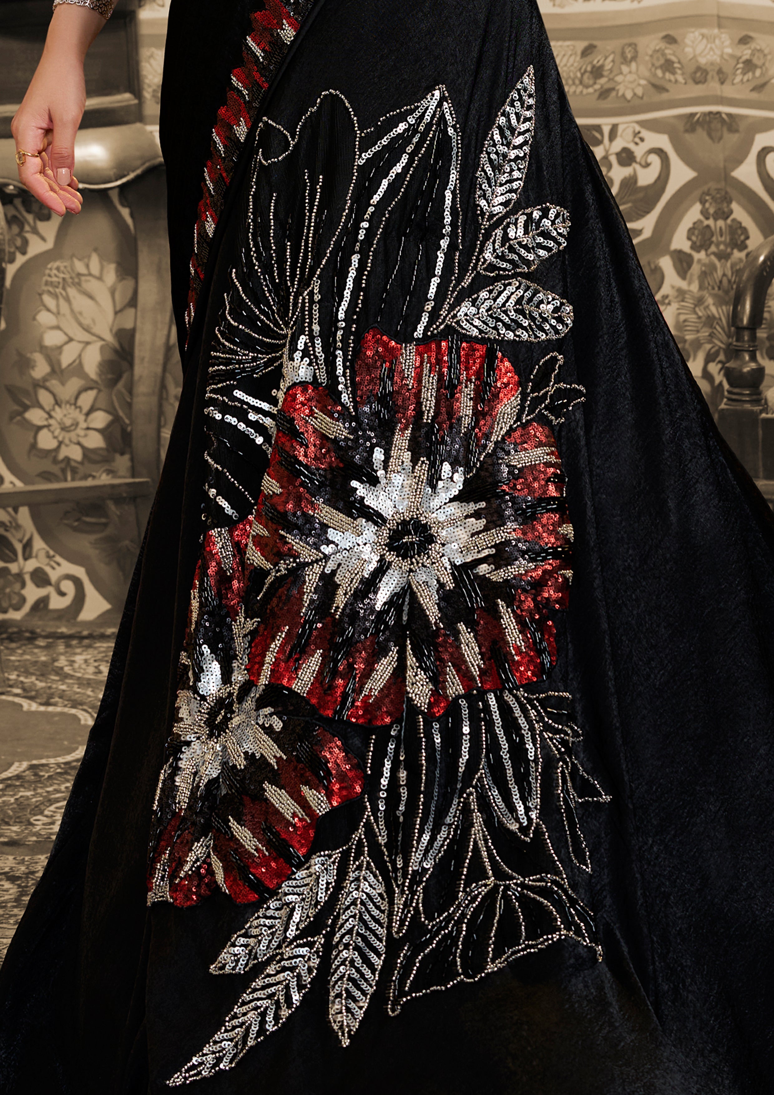 Midnight Black Embellished Satin Silk Lehenga Saree