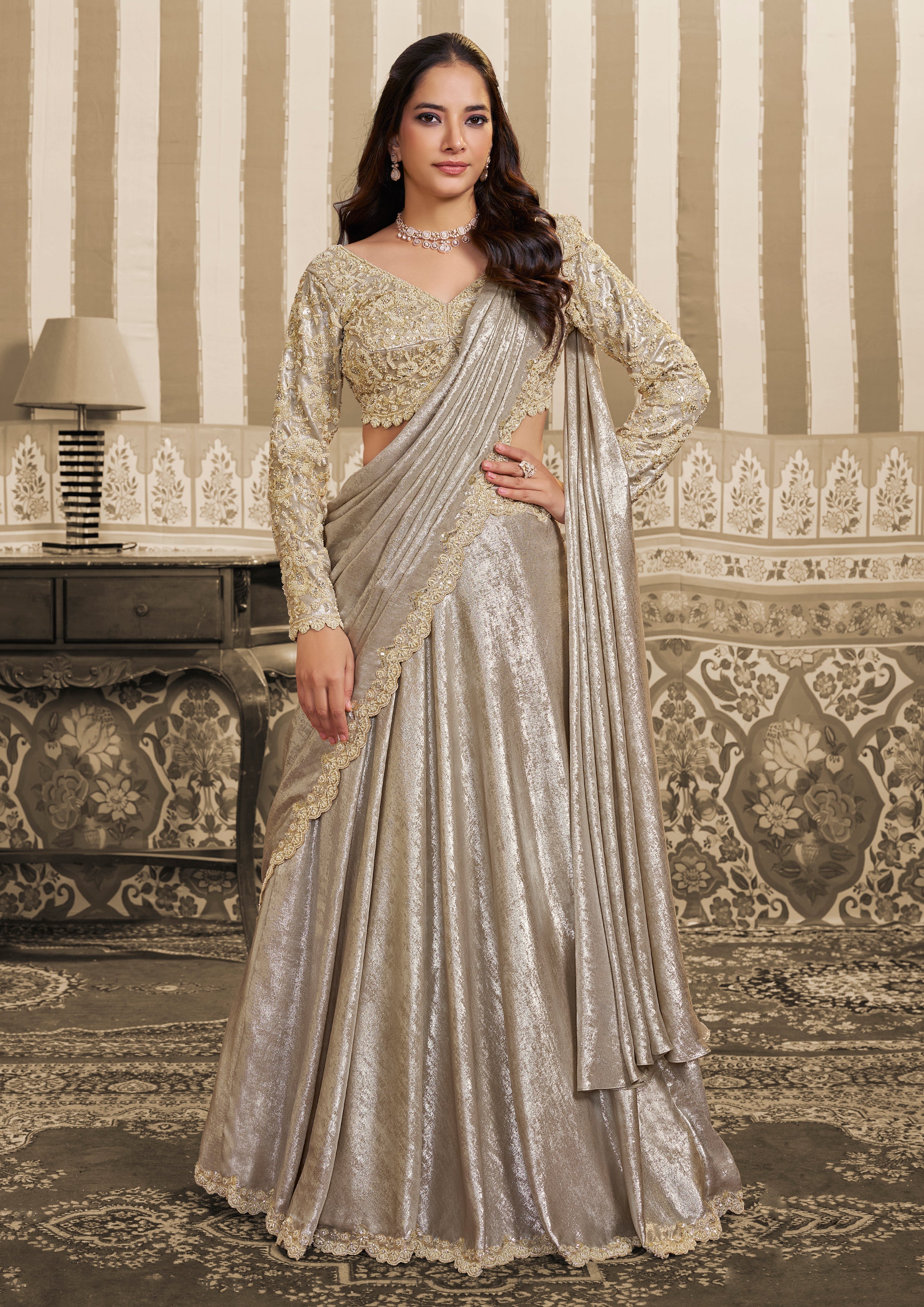 Pearl White Embellished Satin Silk Lehenga Saree
