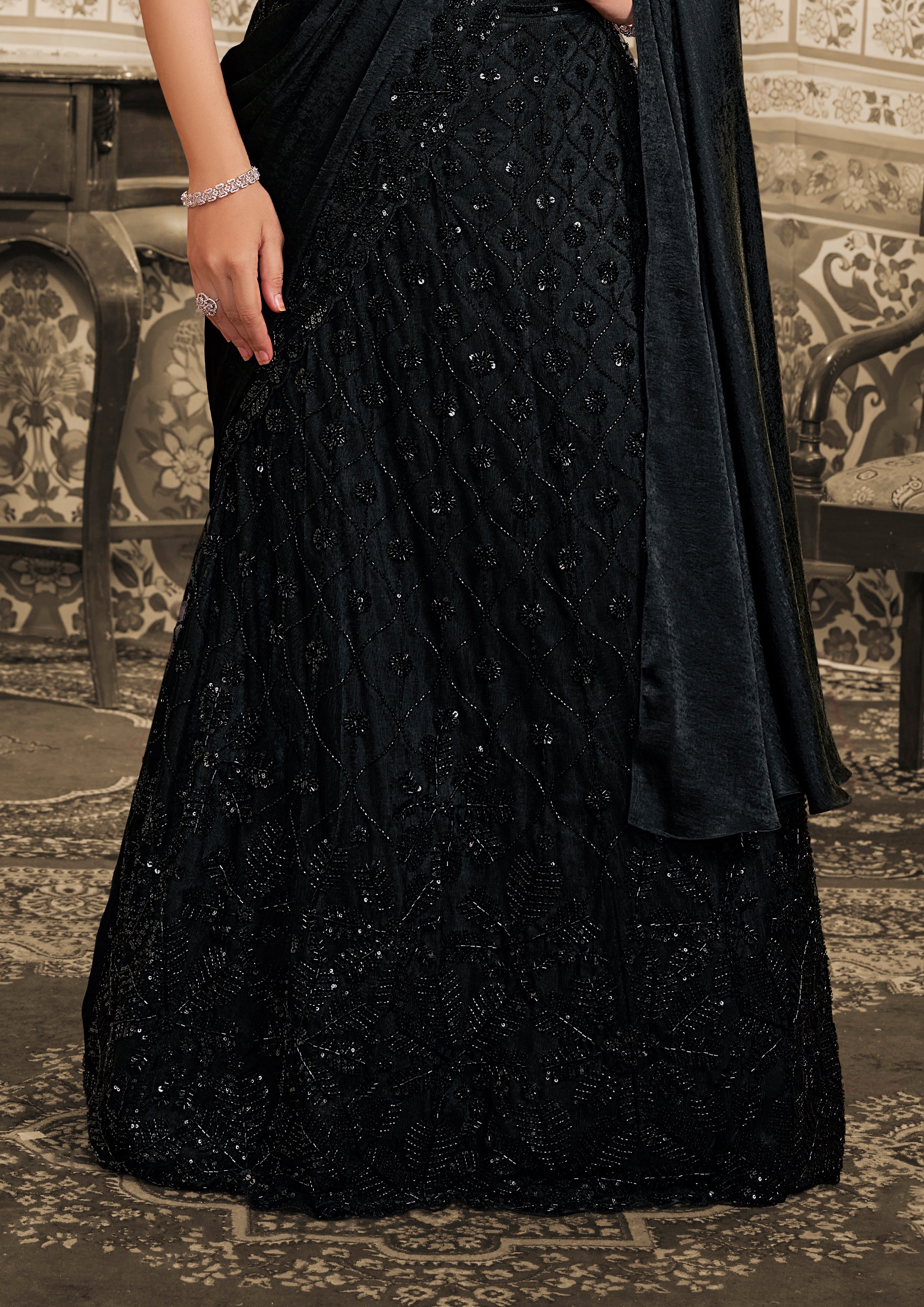 Obsidion Black Embellished Satin Silk Lehenga Saree