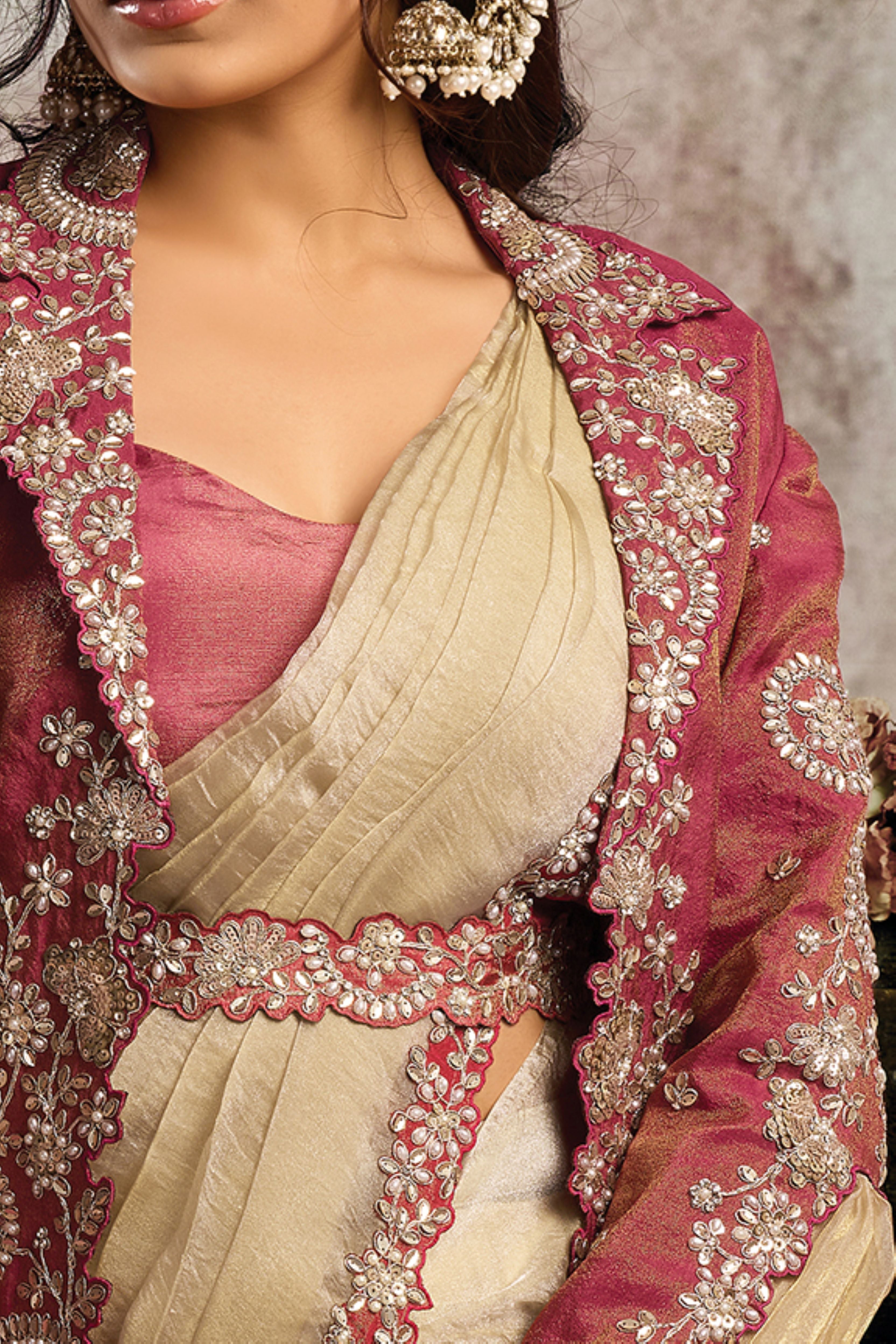 Rosewood Embellished Organza Silk Draped Saree