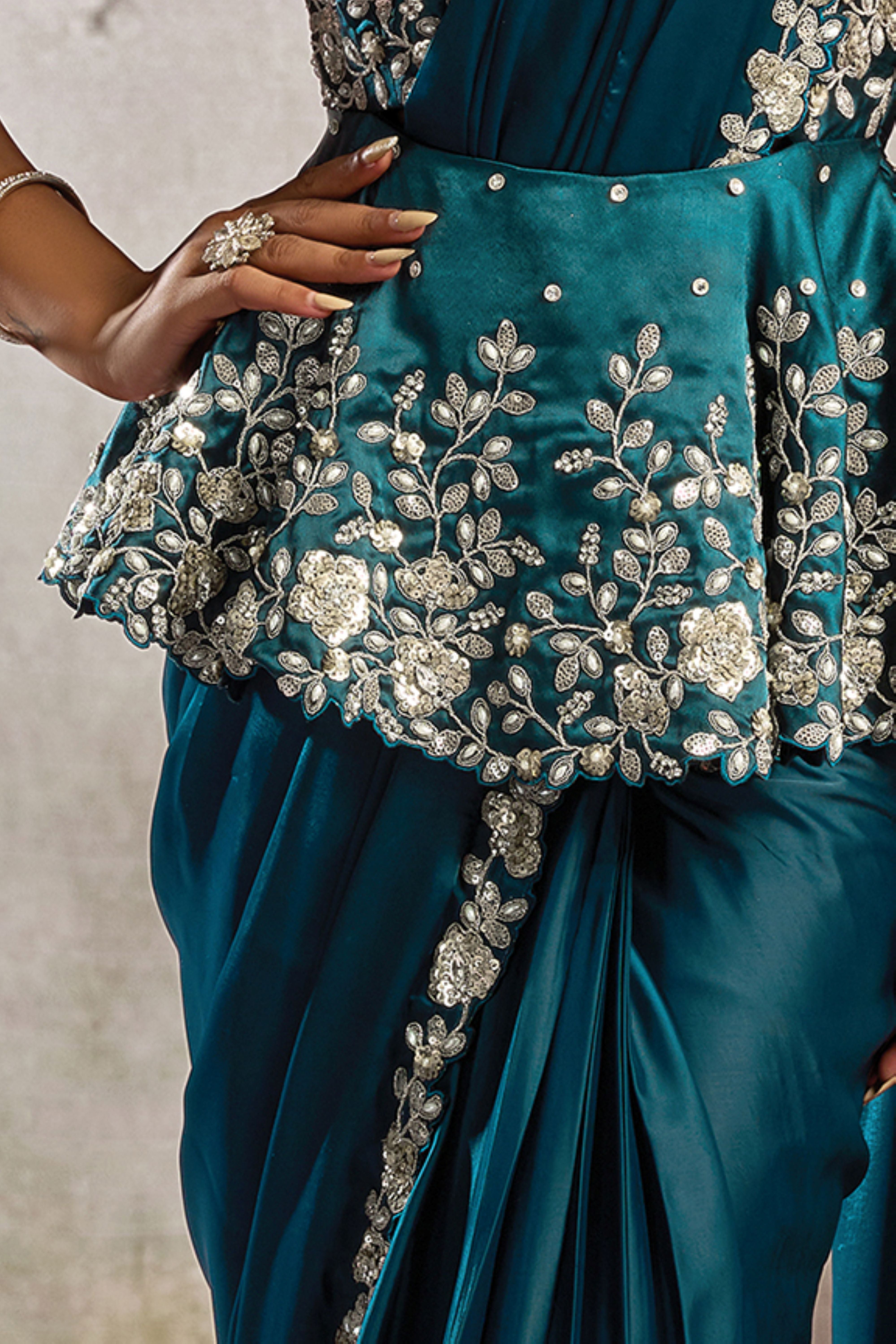 Teal Embellished Satin Silk Draped Saree