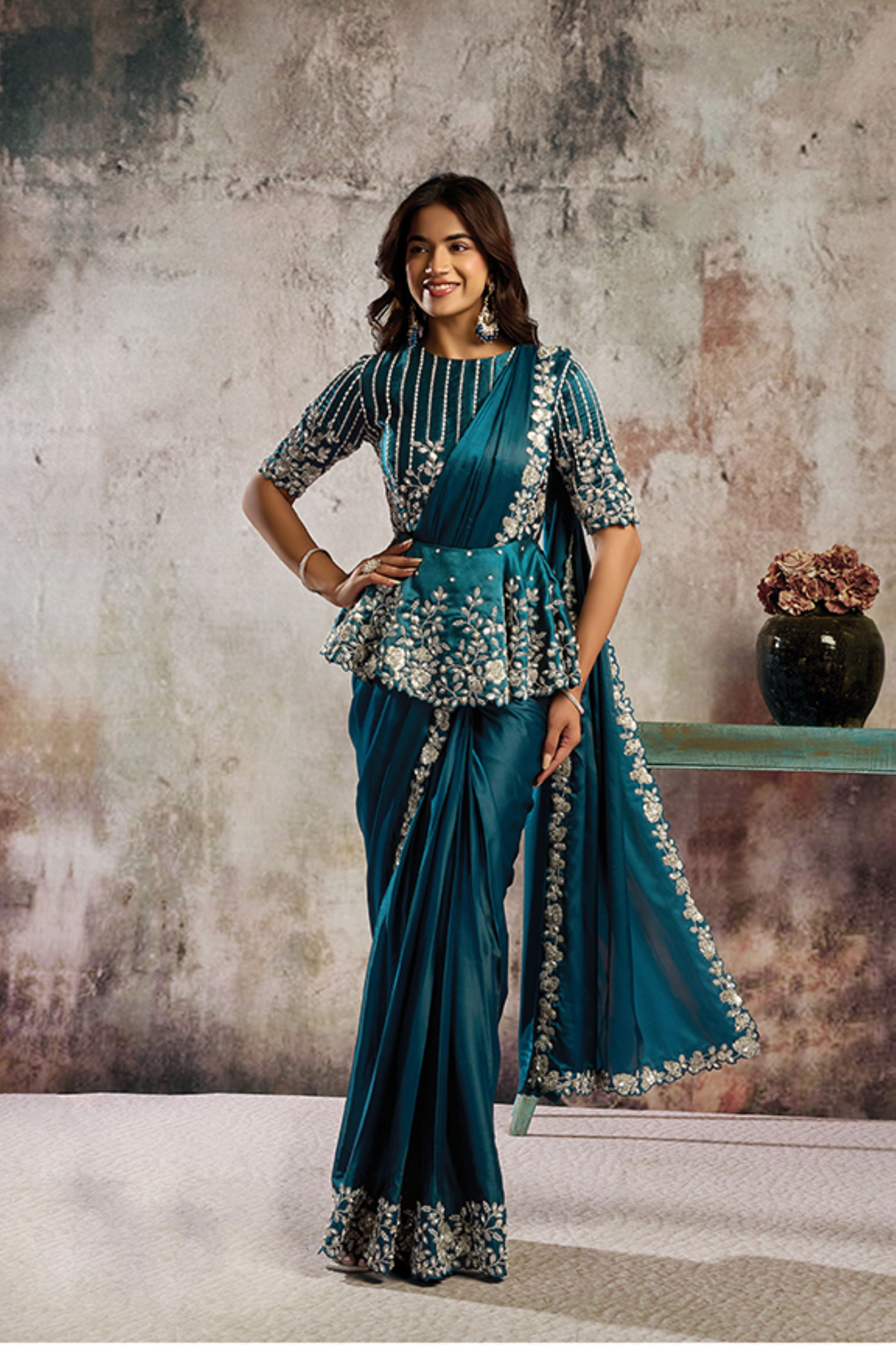Teal Embellished Satin Silk Draped Saree