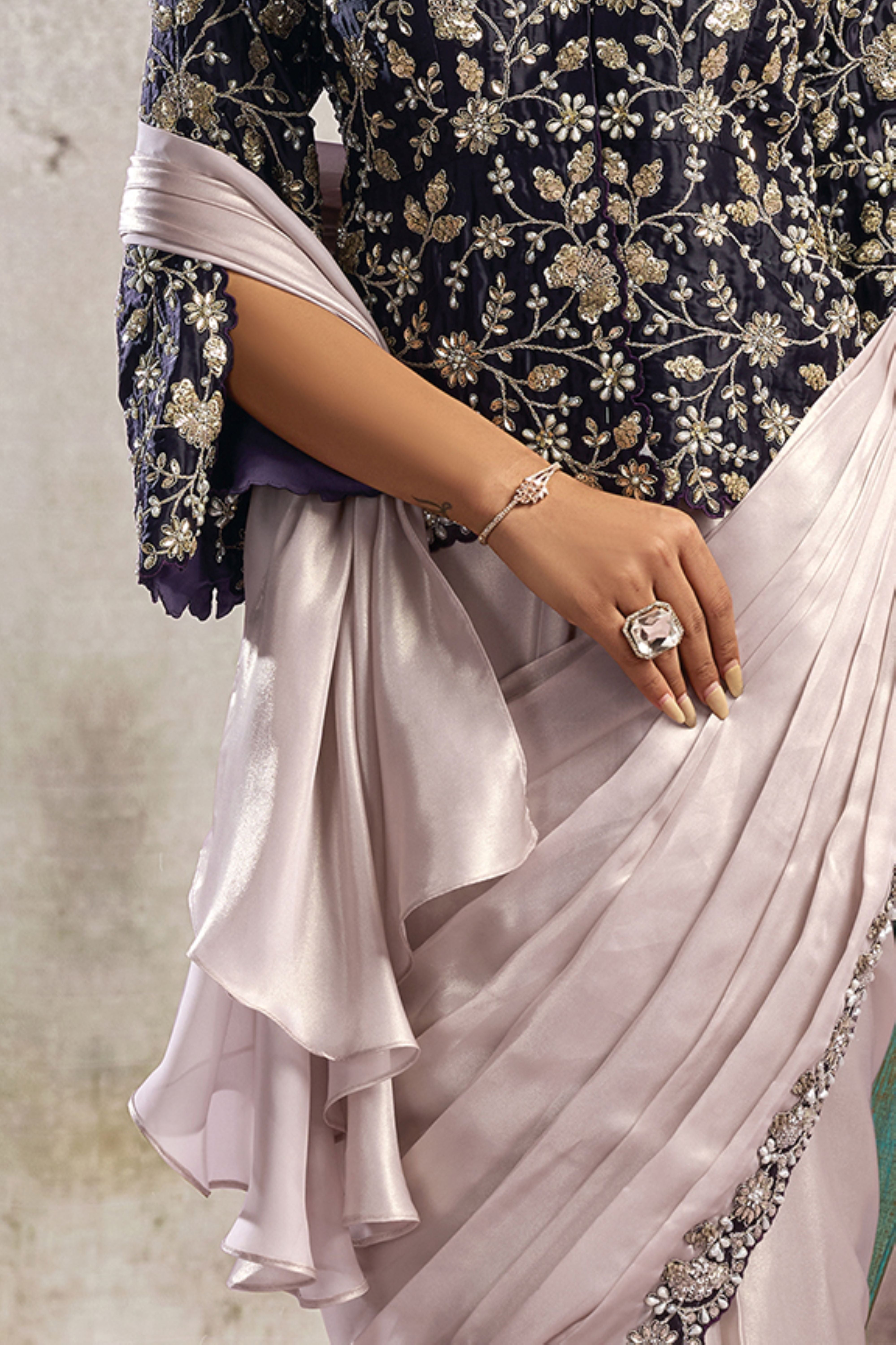 Midnight Lavender Embellished Satin Silk Draped Saree