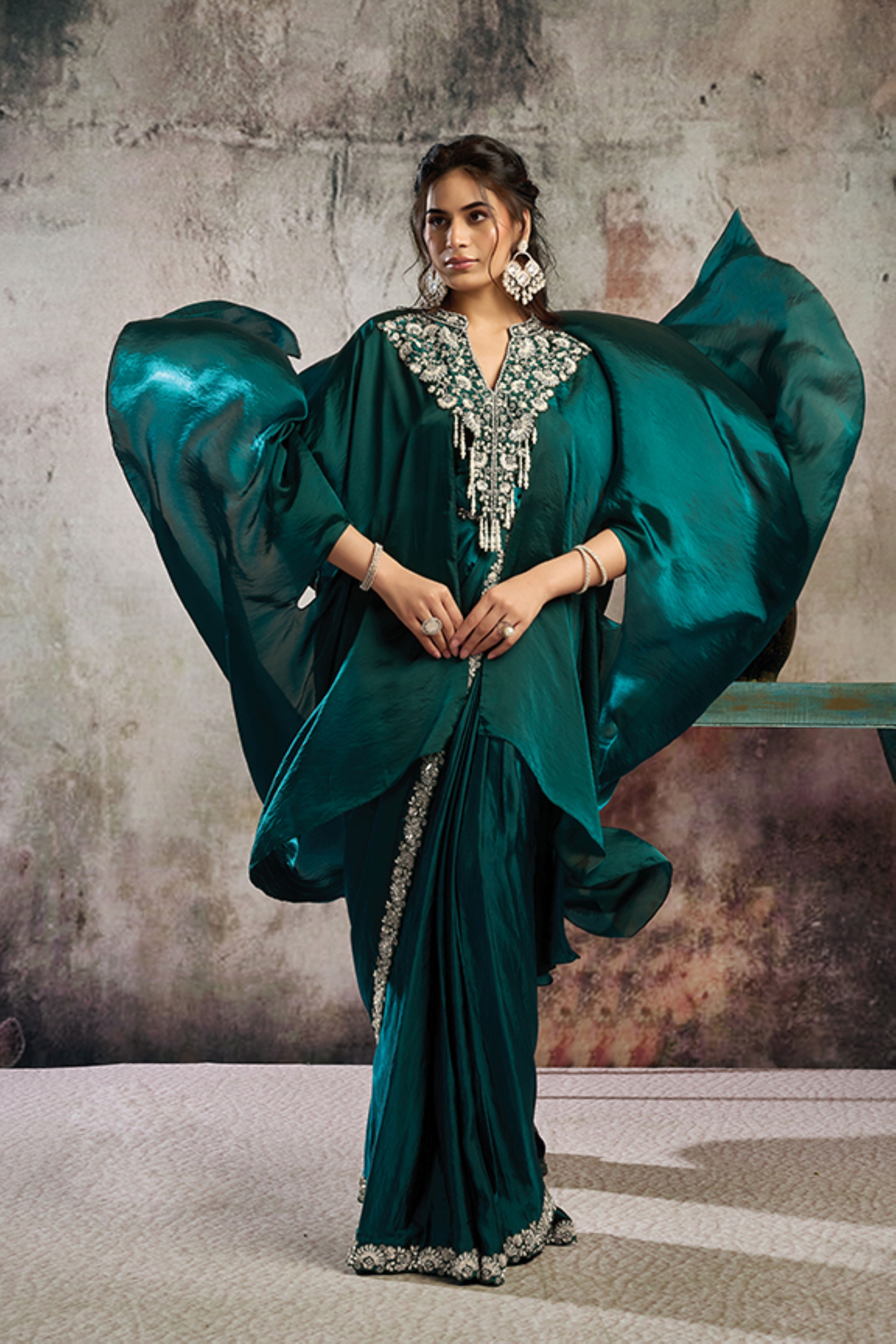 Emerald Royal Embellished Satin Silk Draped Saree