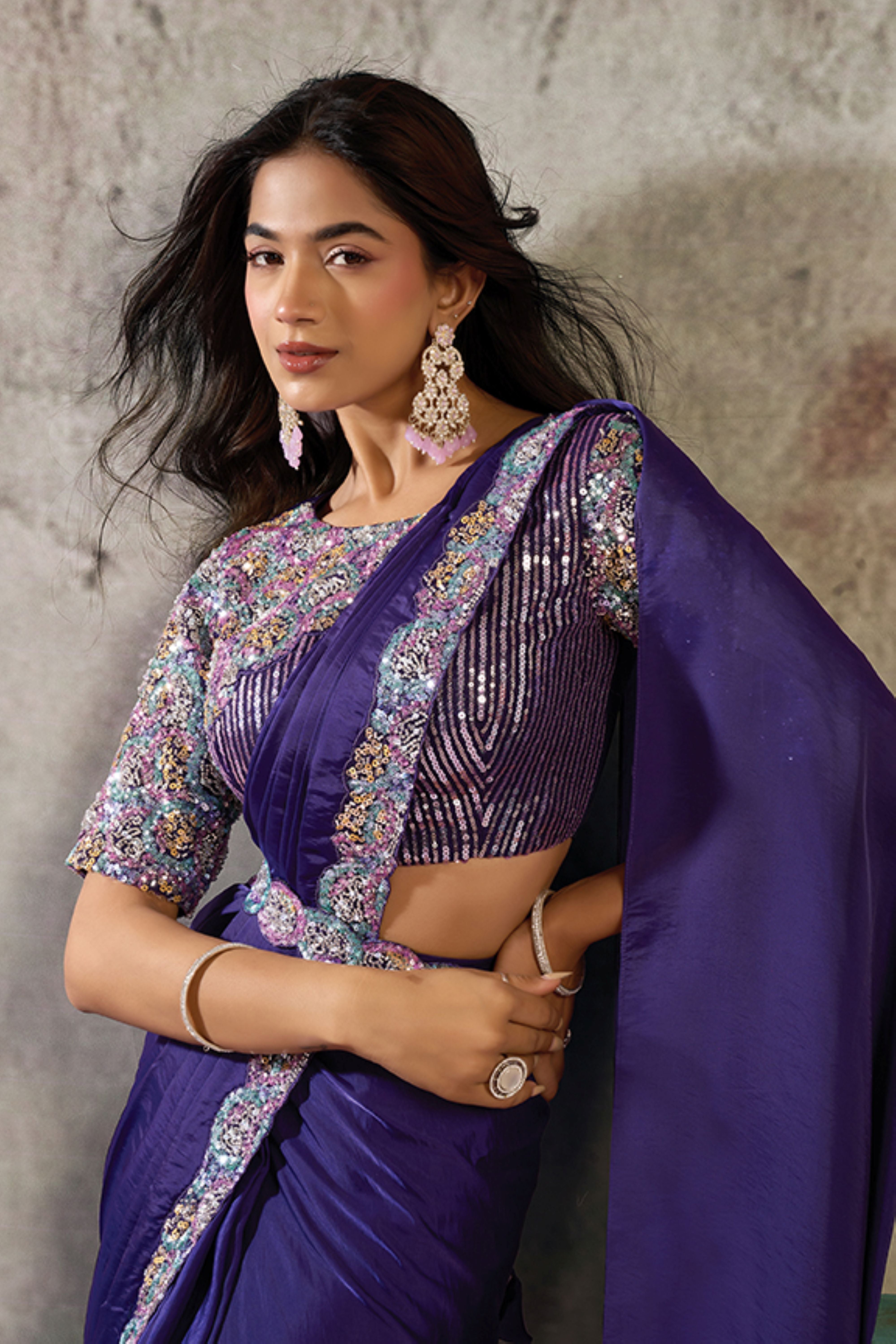 Imperial Indigo Embellished Satin Silk Draped Saree