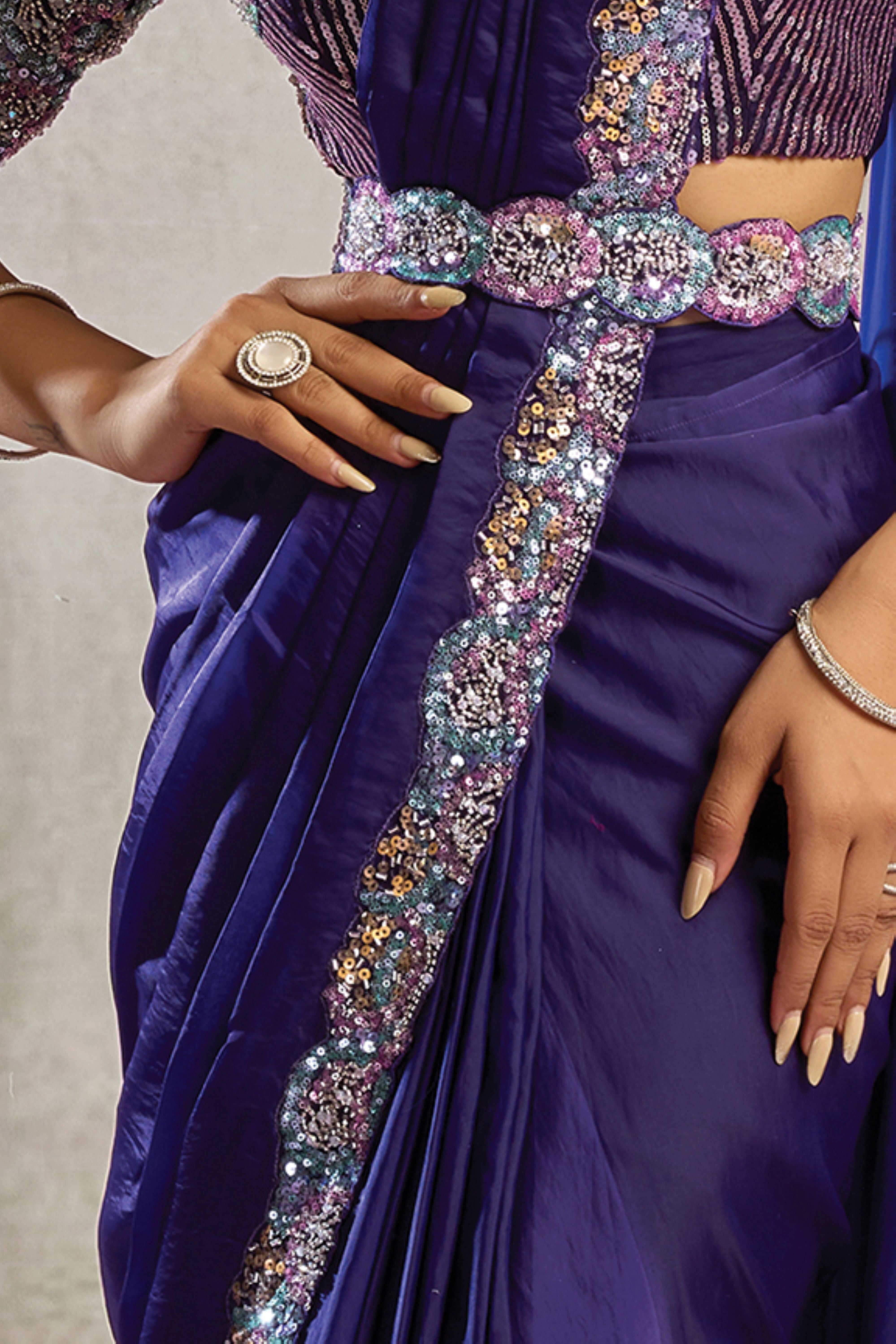 Imperial Indigo Embellished Satin Silk Draped Saree