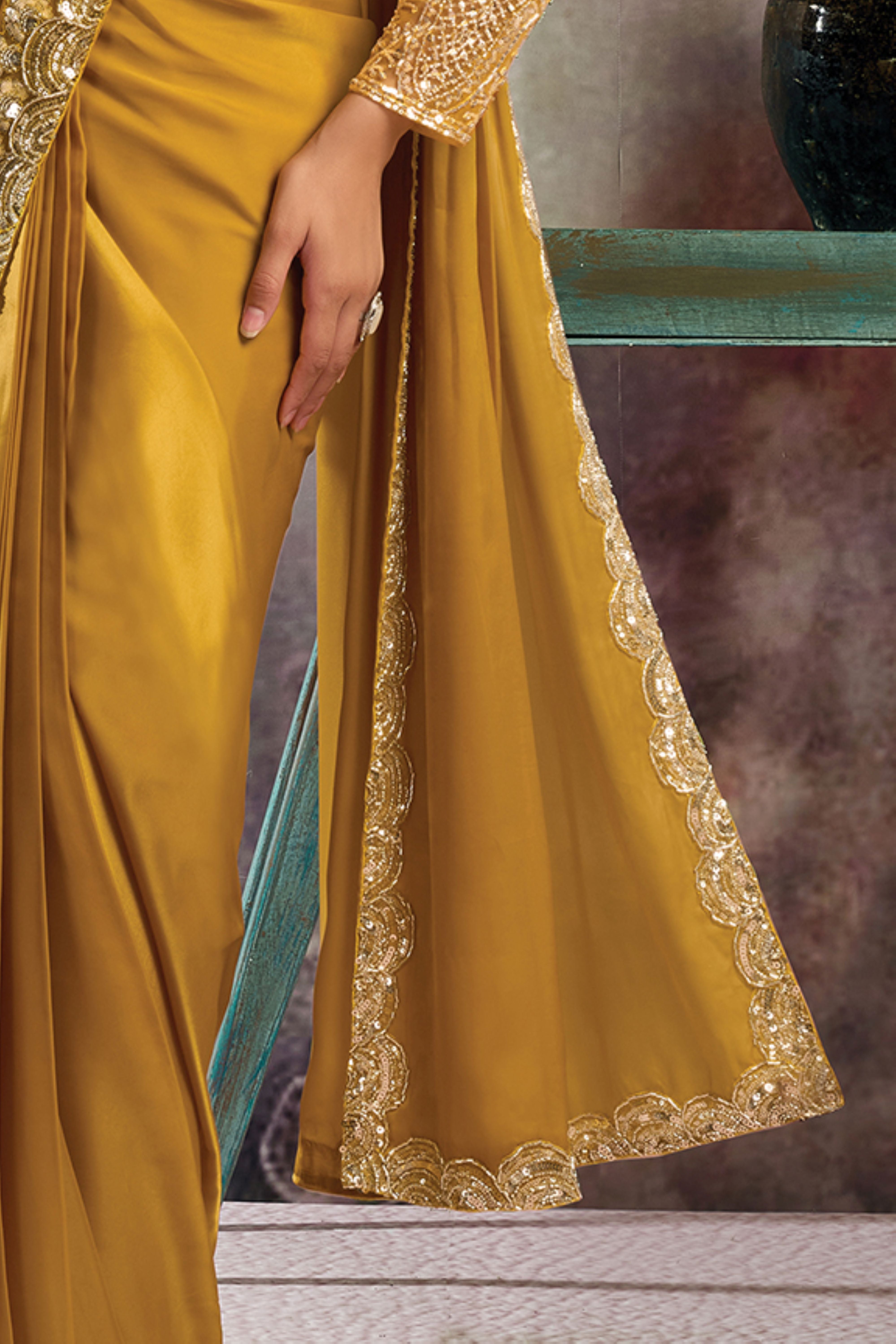 Golden Yellow Embellished Satin Silk Draped Saree