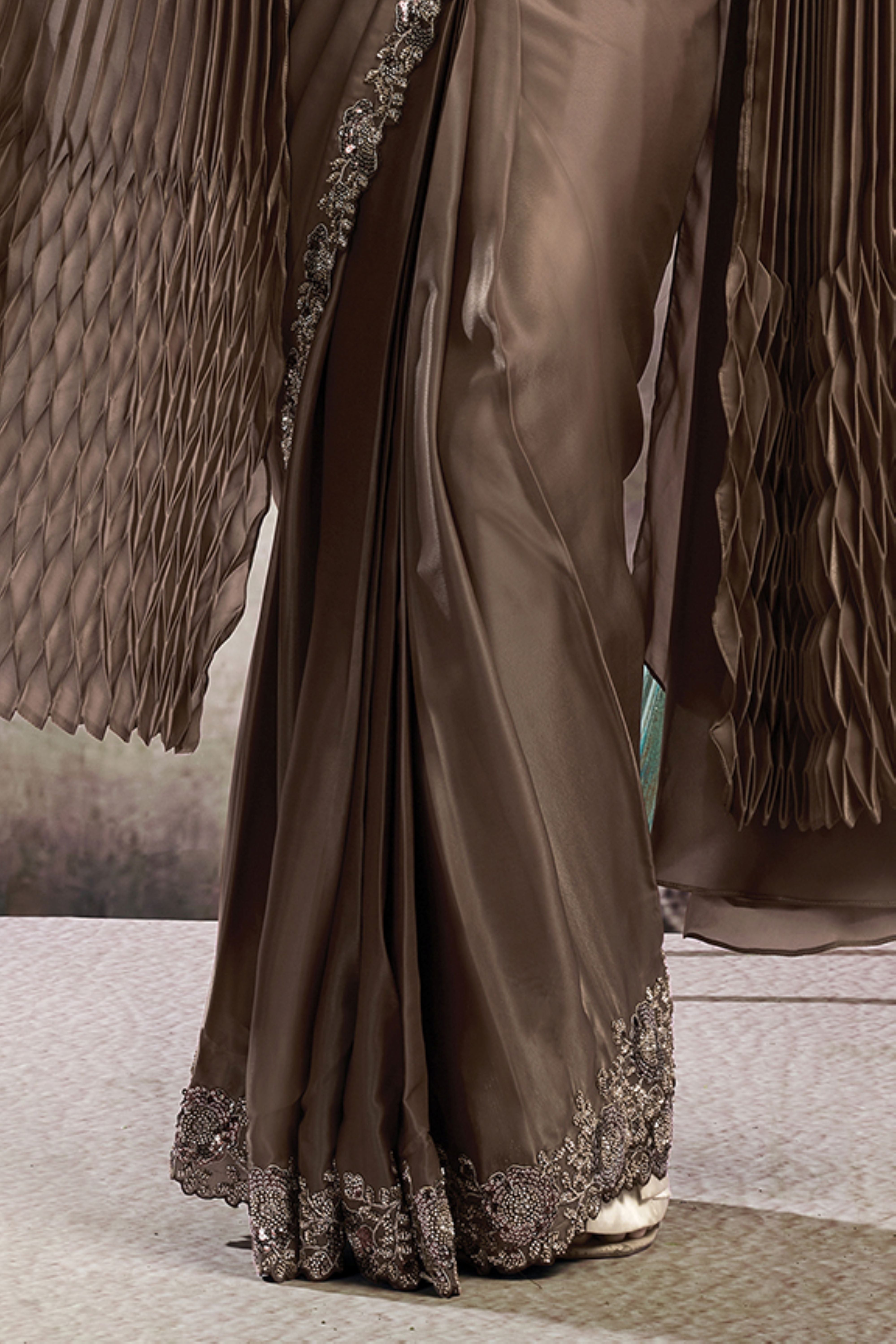 Metallic Brown Embellished Satin Silk Draped Saree