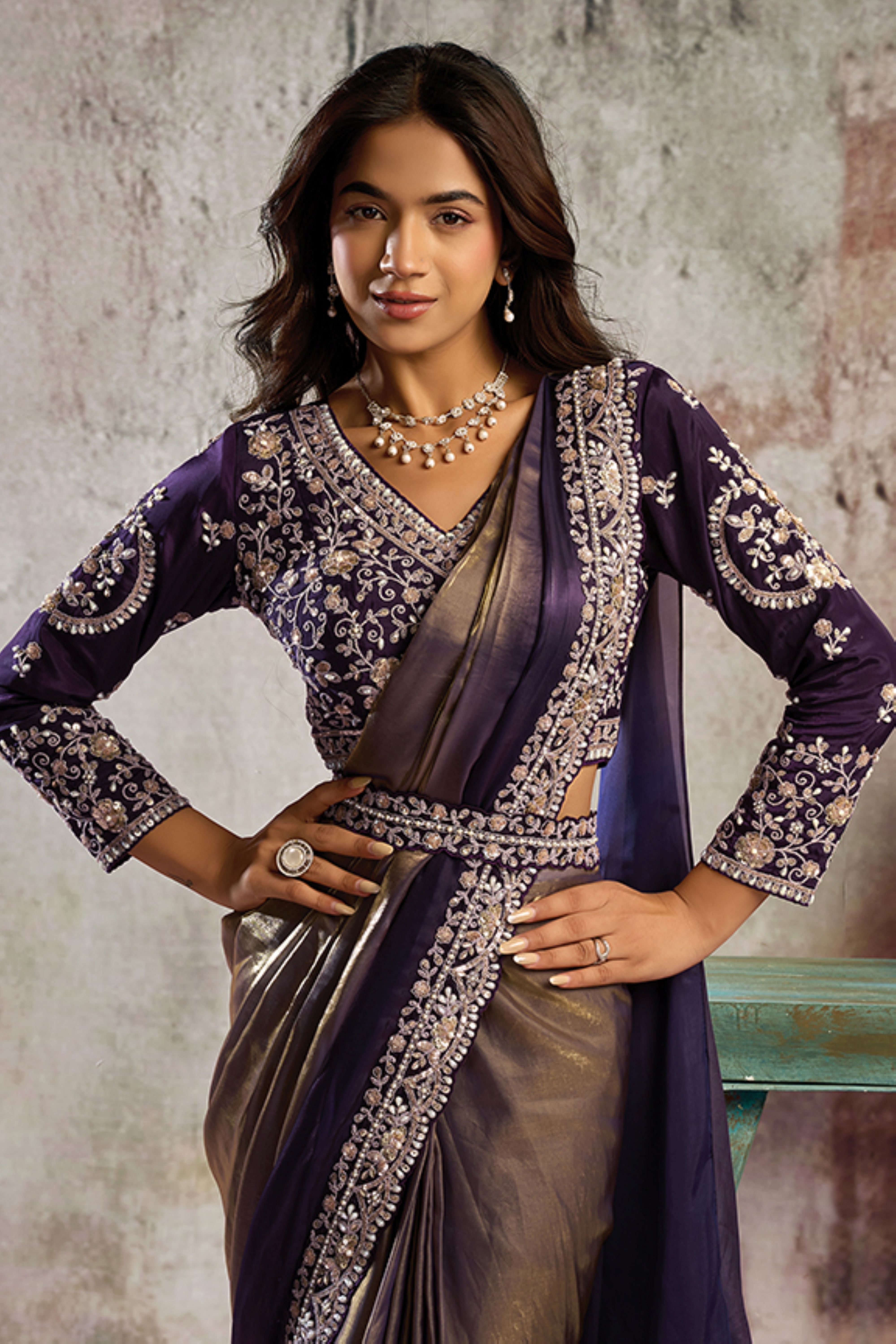 Metallic Purple Embellished Satin Silk Draped Saree