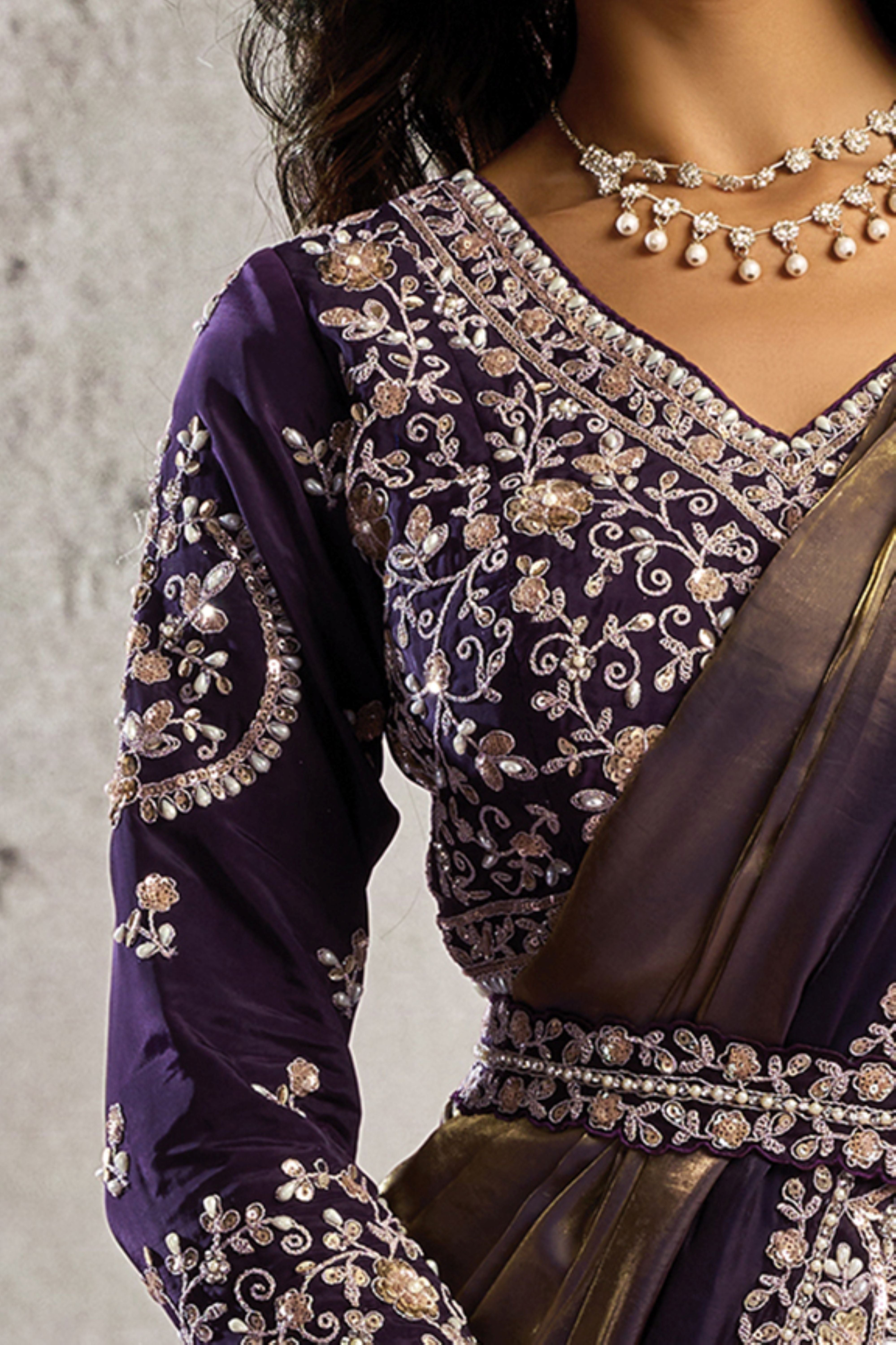 Metallic Purple Embellished Satin Silk Draped Saree