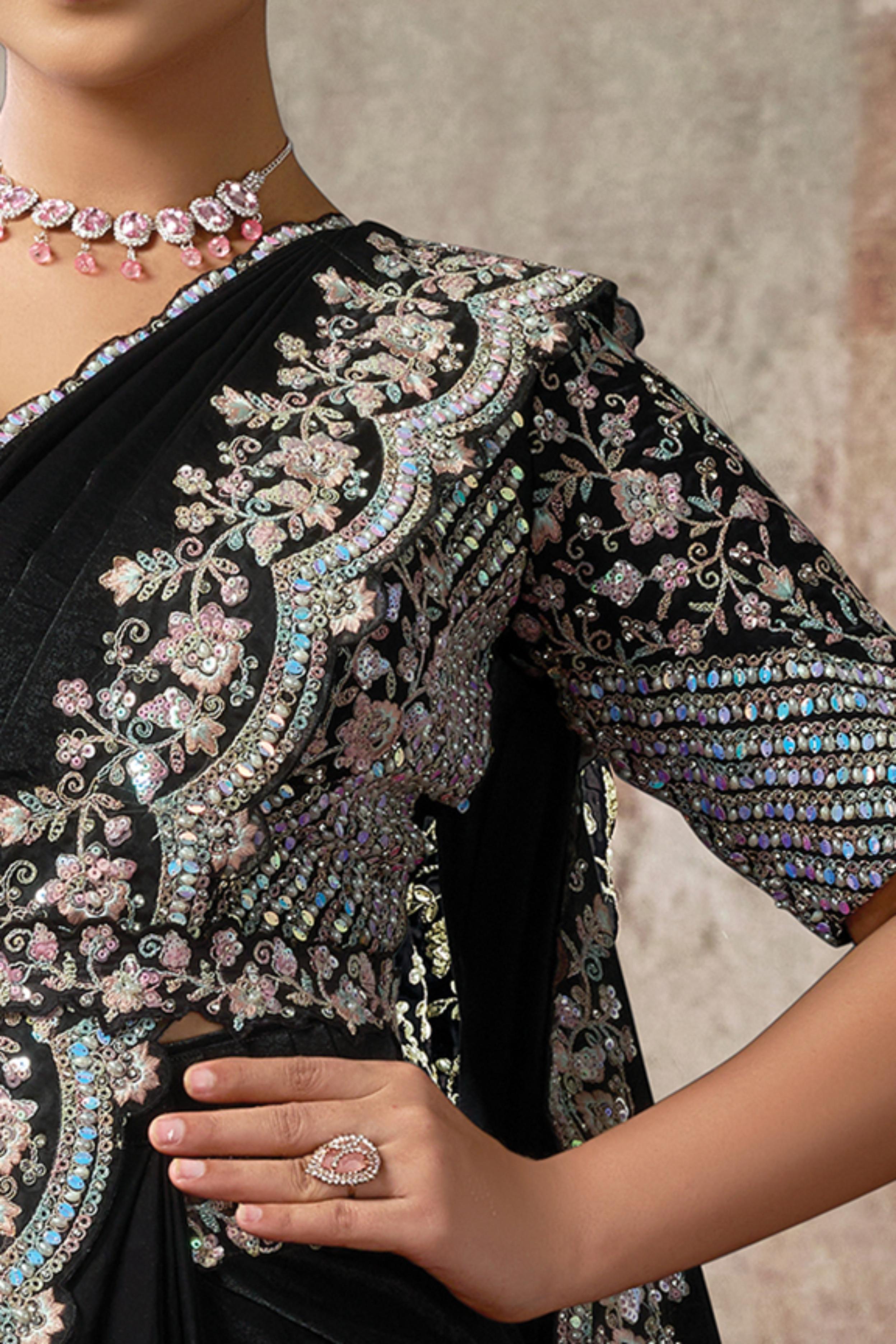 Midnight Onyx Embellished Satin Silk Draped Saree