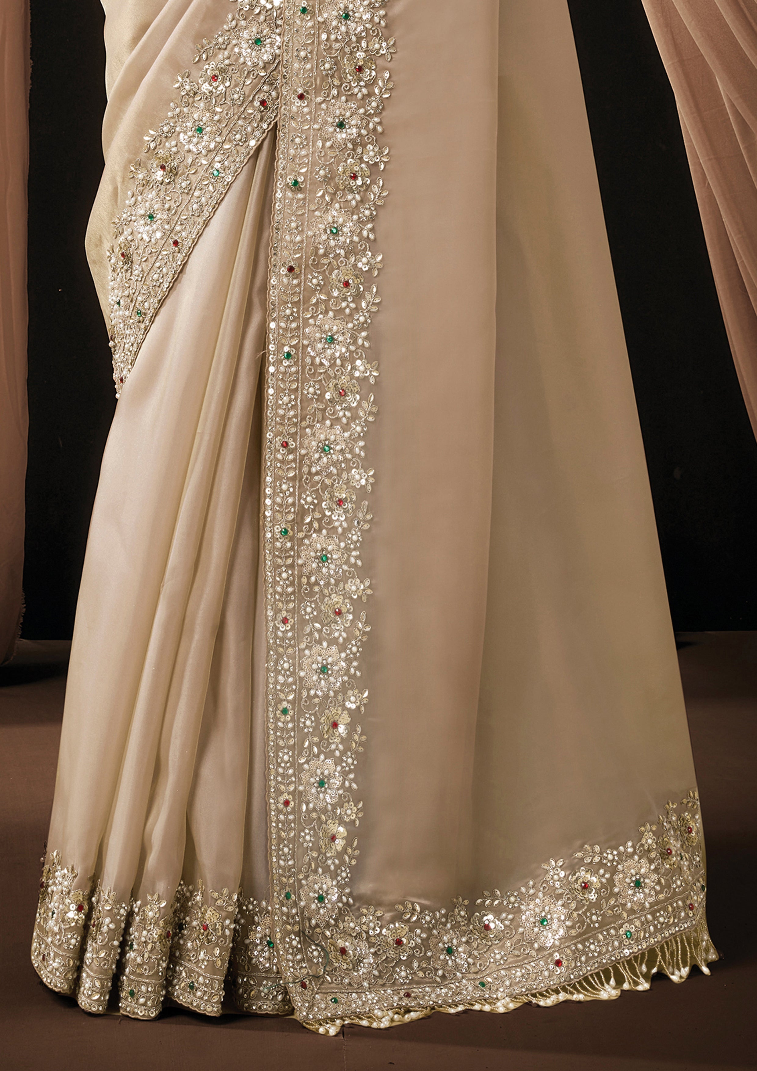 Premium Beige Embellished Organza Satin Silk Saree