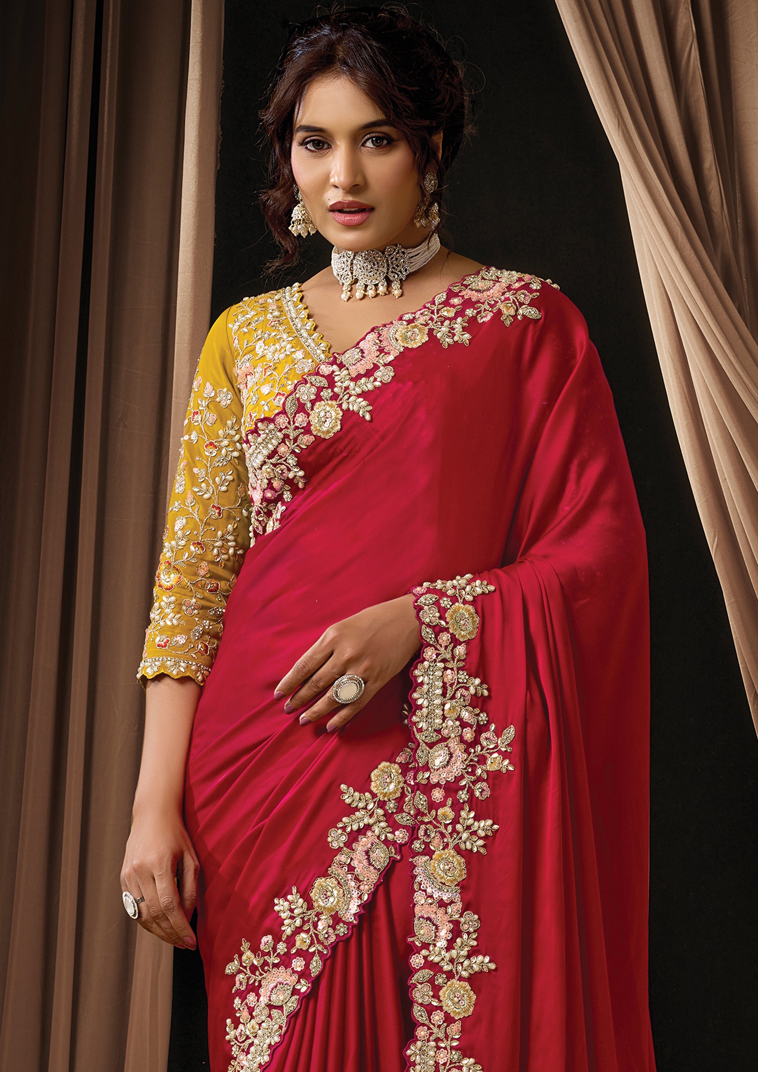 Hot Red Embellished Lustrous Satin Silk Saree