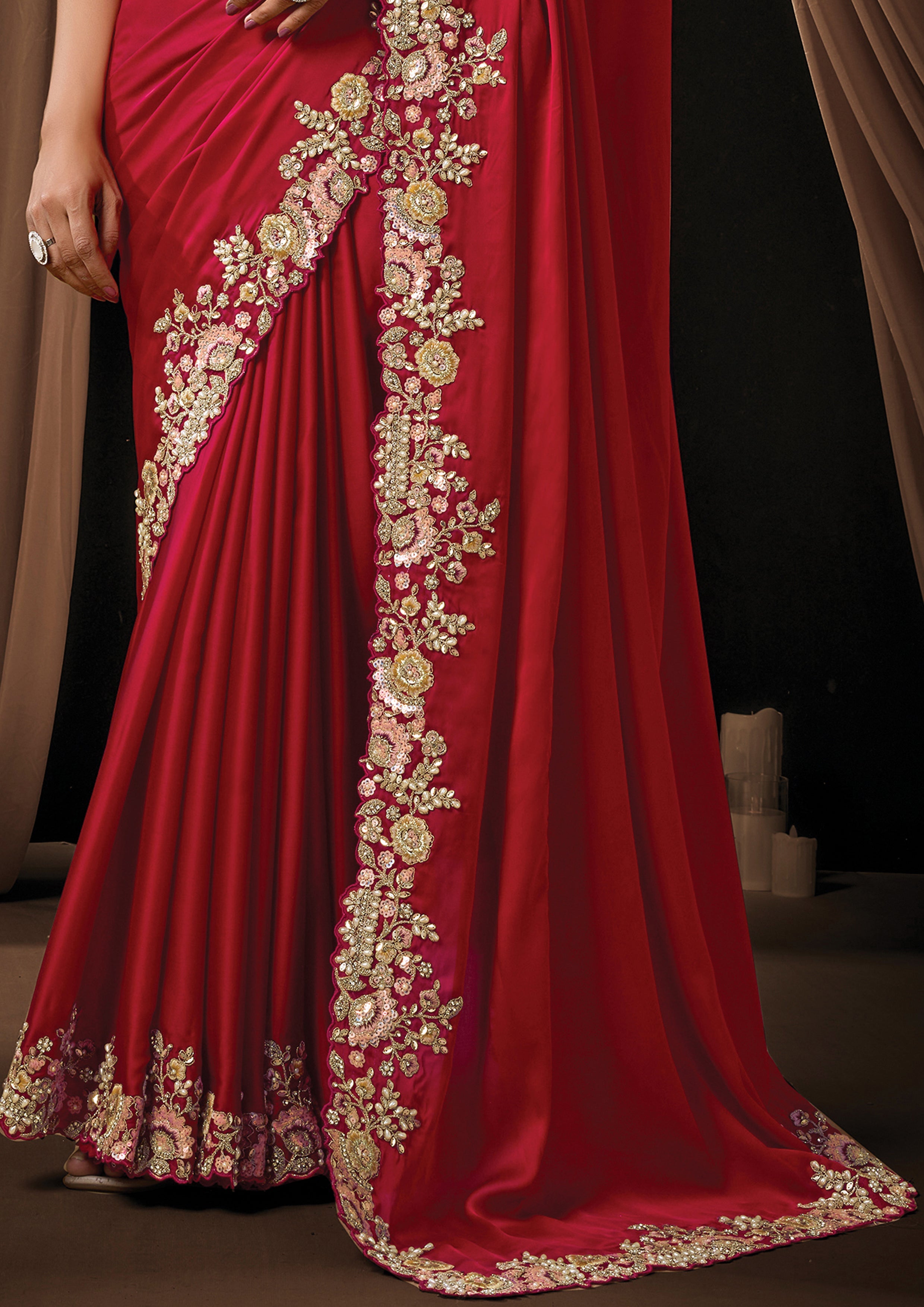 Hot Red Embellished Lustrous Satin Silk Saree