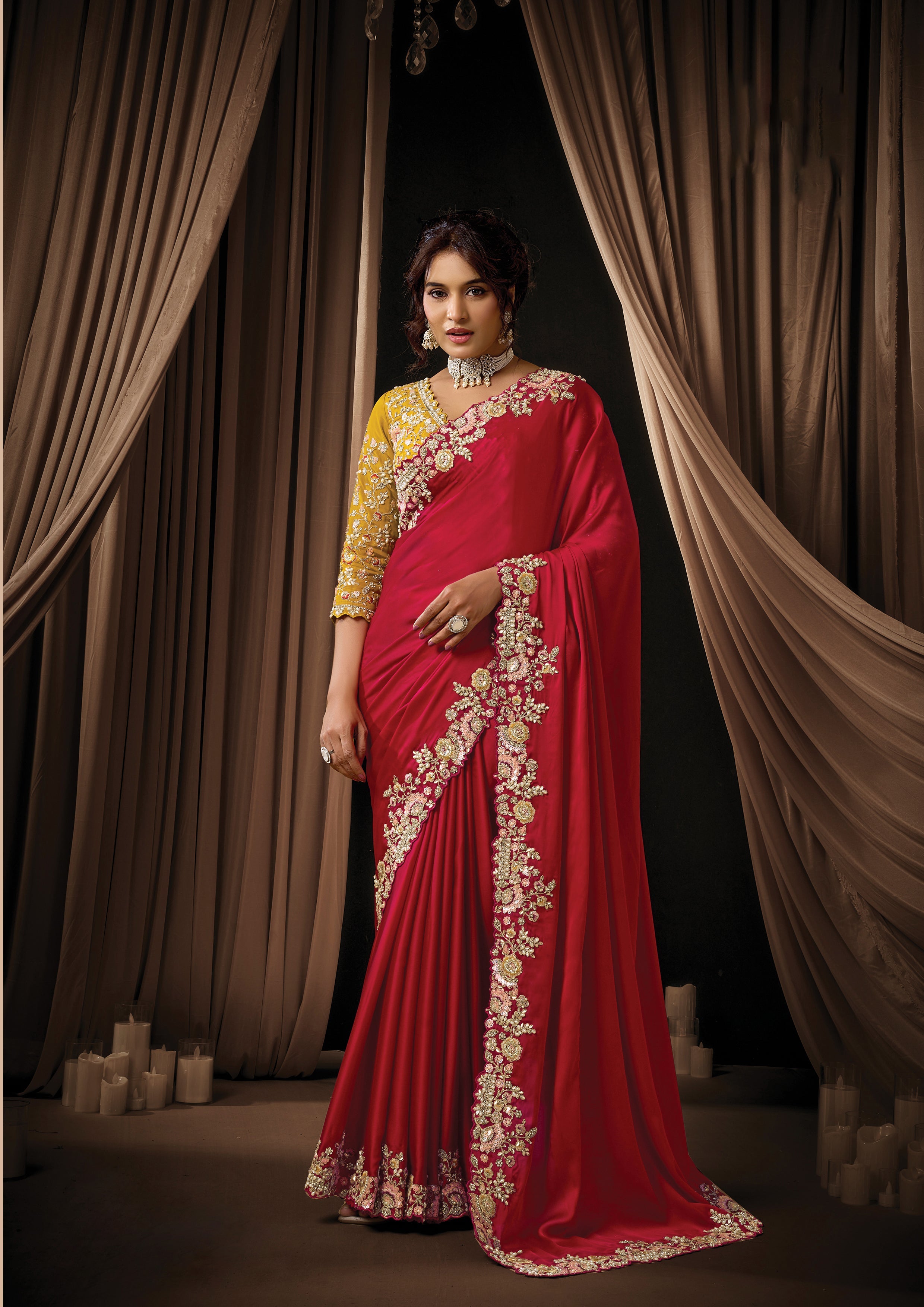Hot Red Embellished Lustrous Satin Silk Saree