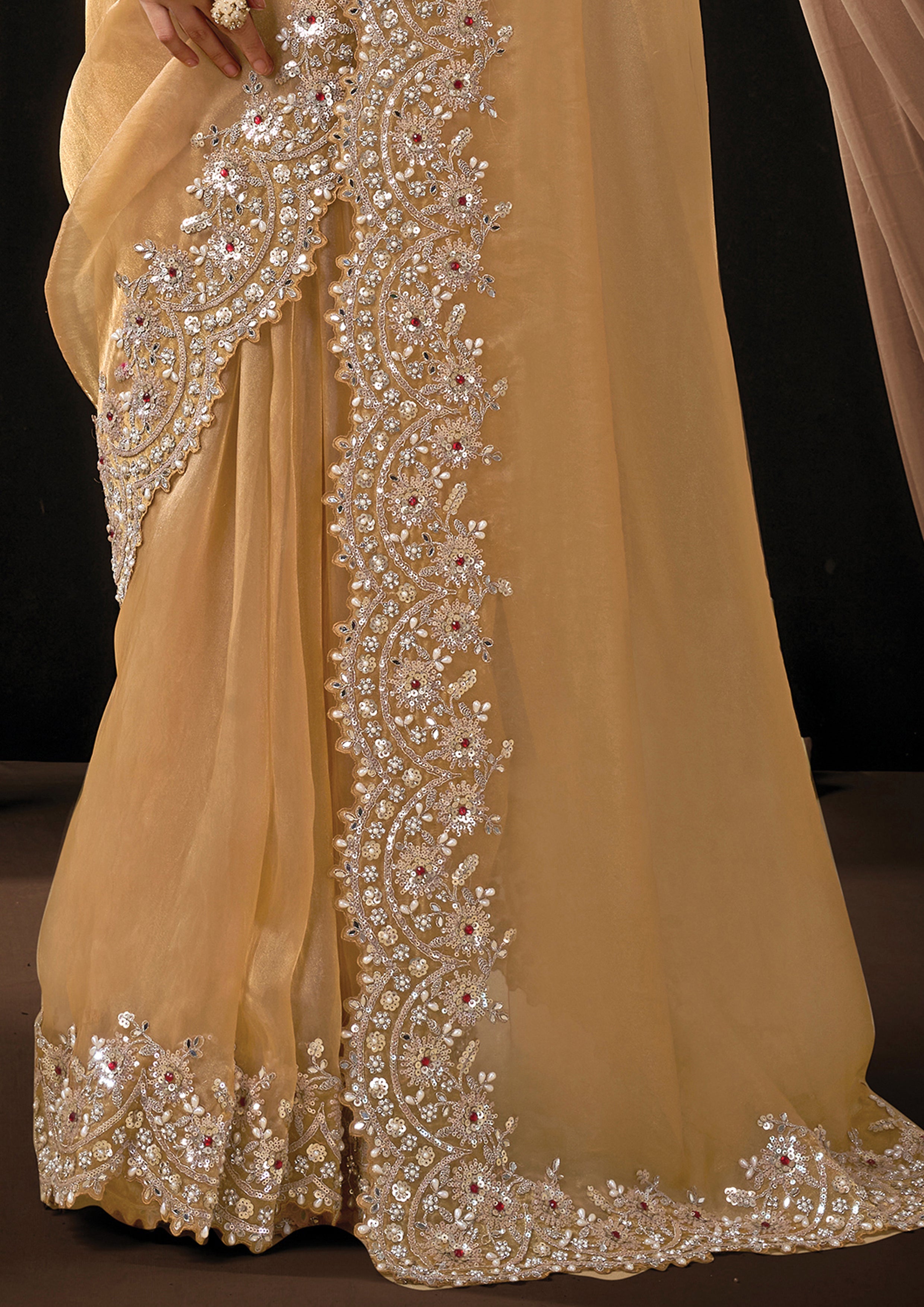 Warm Gold Embellished Organza Tissue Saree