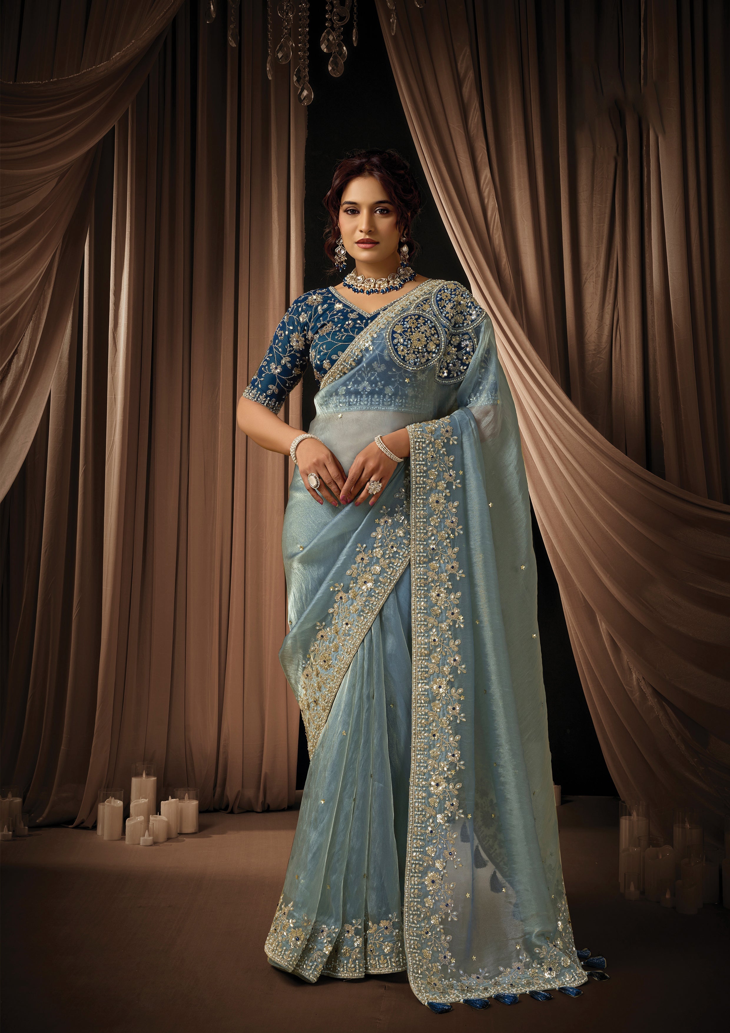 Ice Gray Embellished Zari Organza Silk Saree