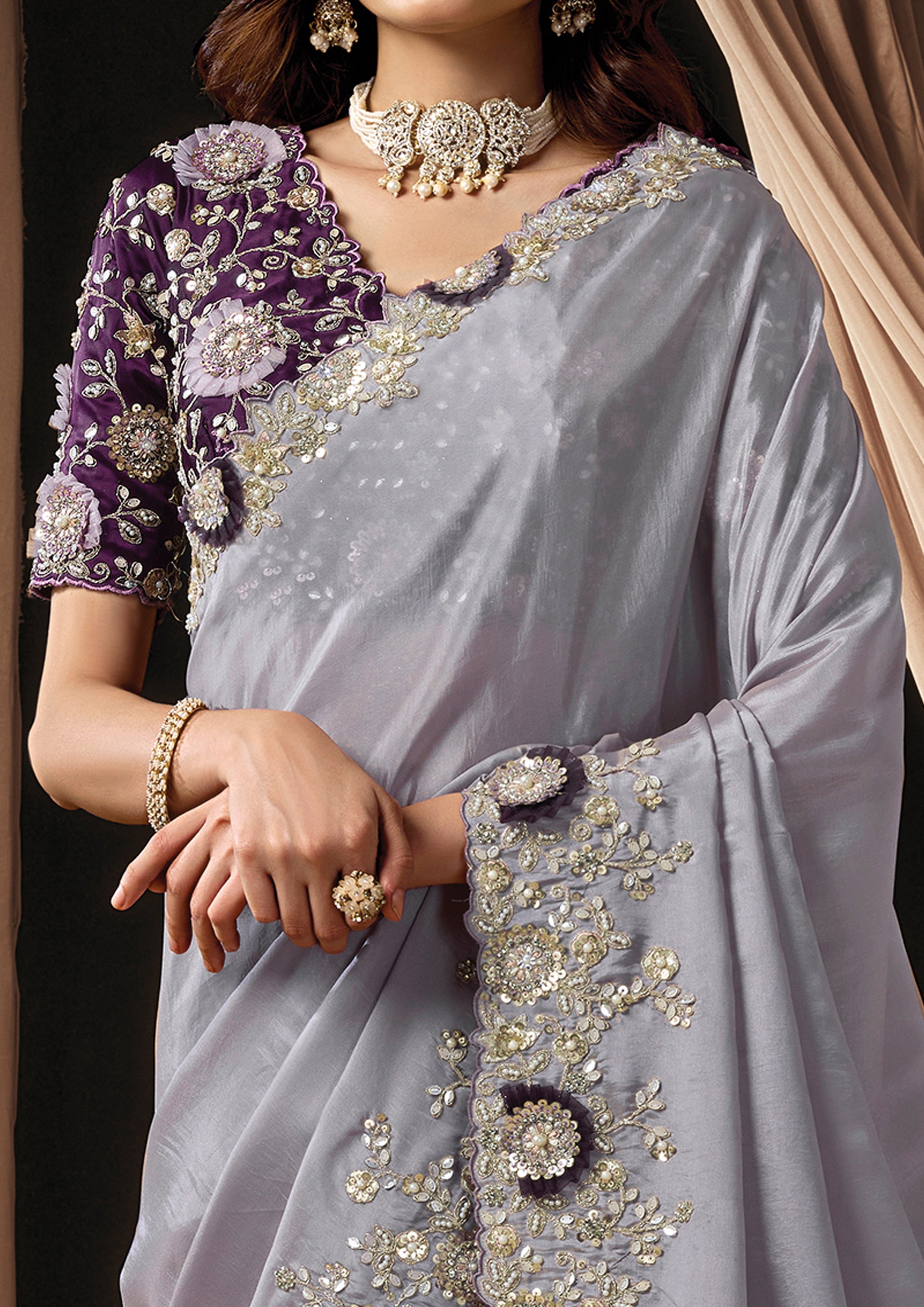 Soft Lavender Embellished Uppada Silk Saree