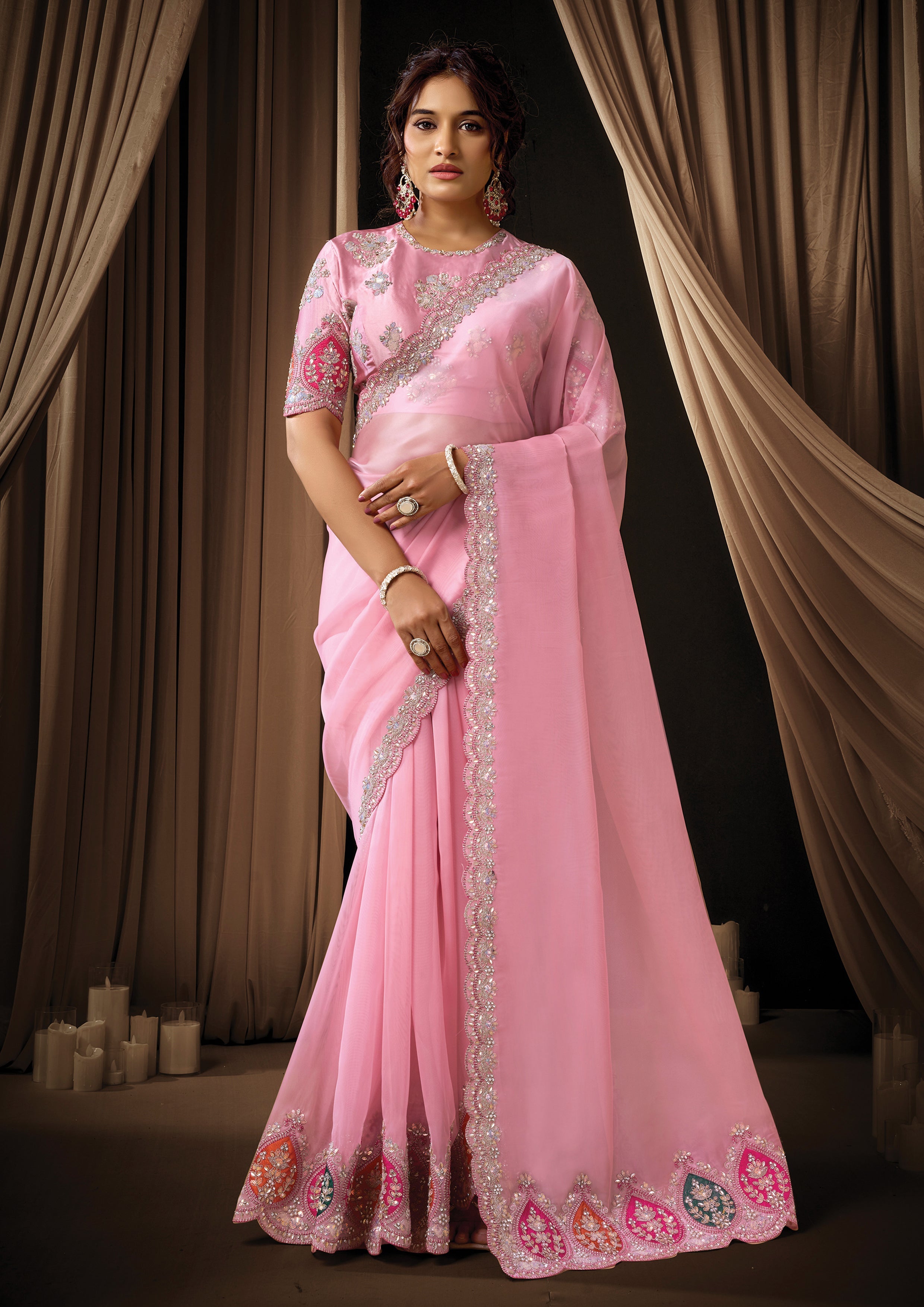 Soft Pink Embellished Tissue Organza Silk Saree