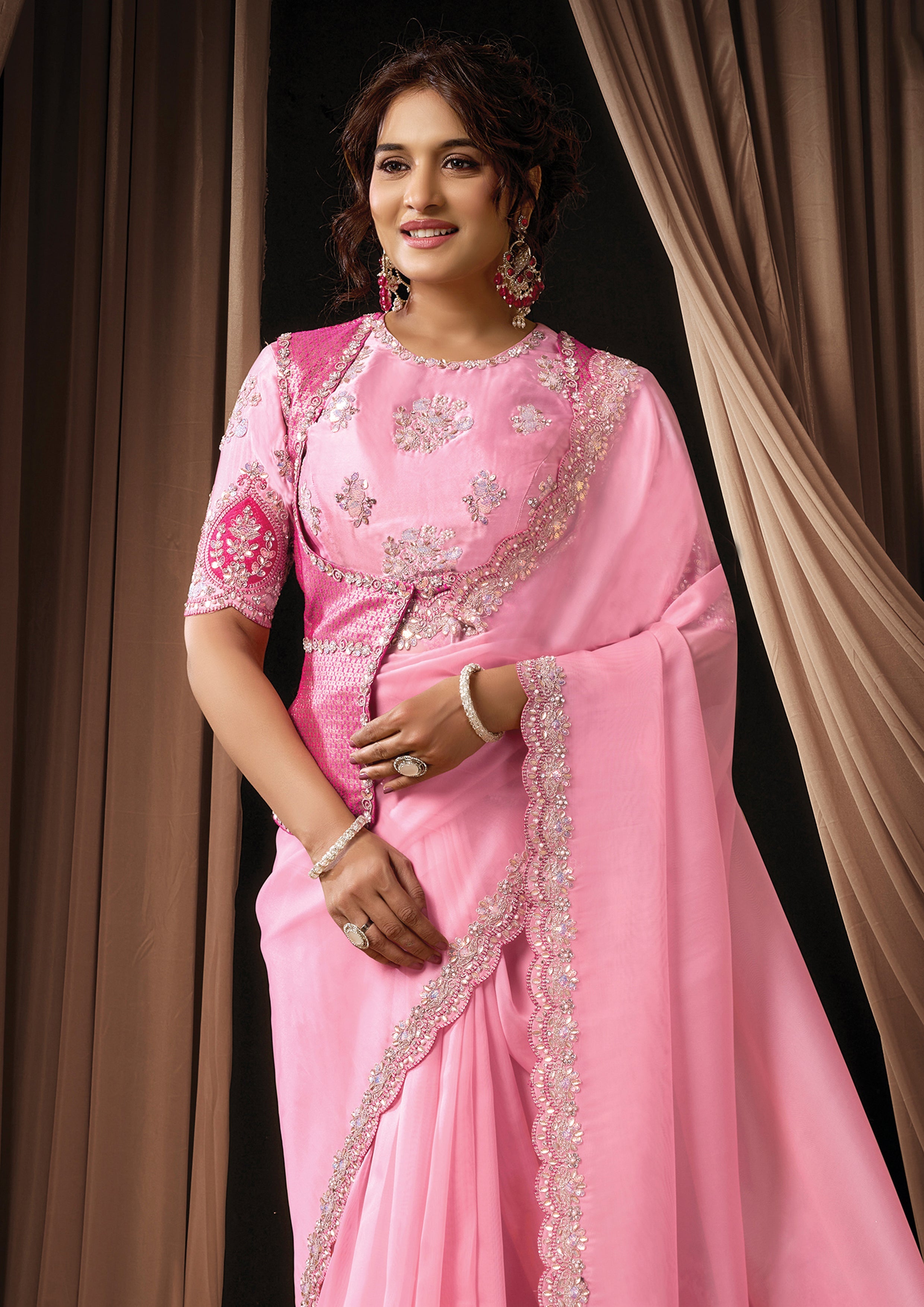 Soft Pink Embellished Tissue Organza Silk Saree