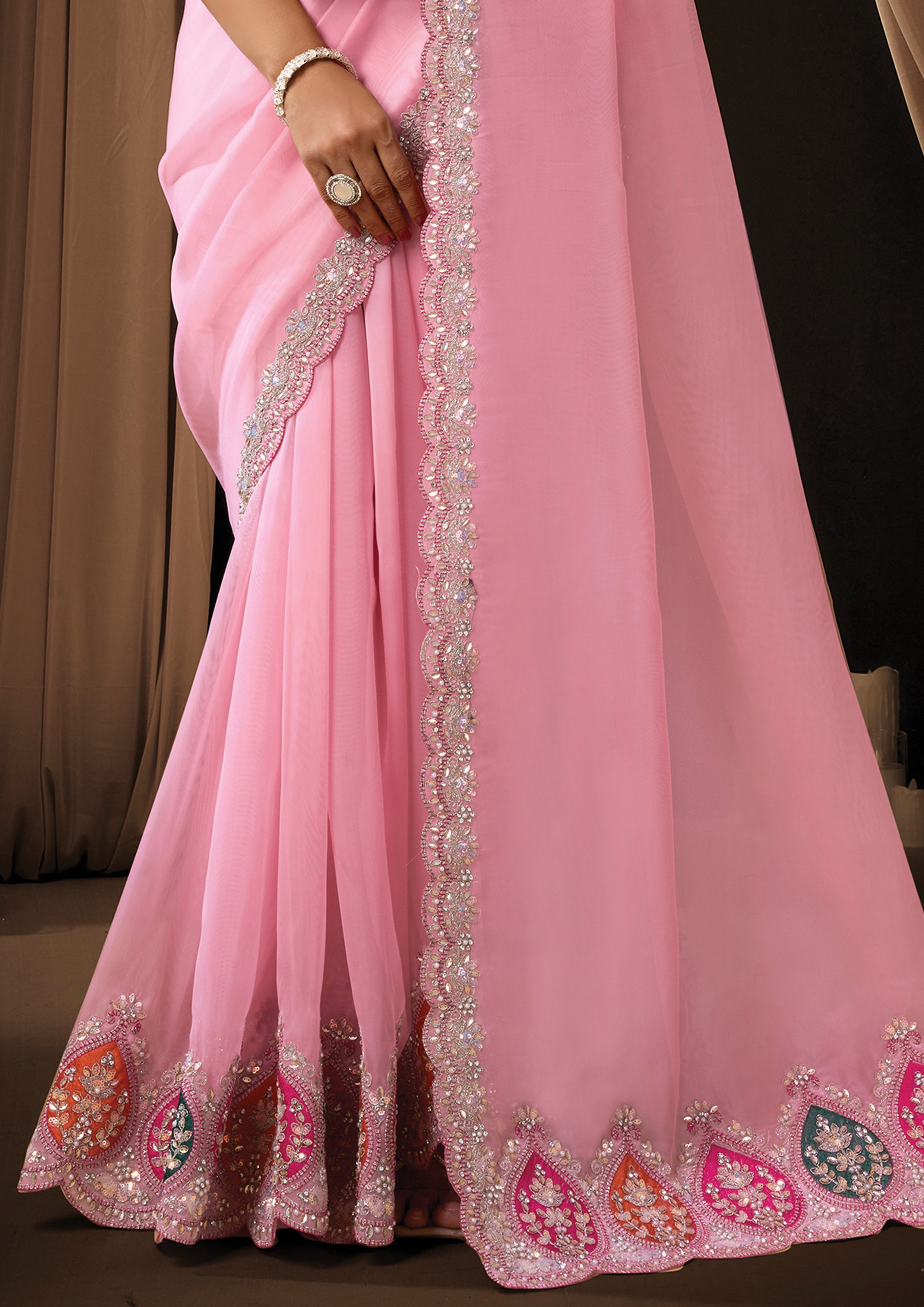 Soft Pink Embellished Tissue Organza Silk Saree