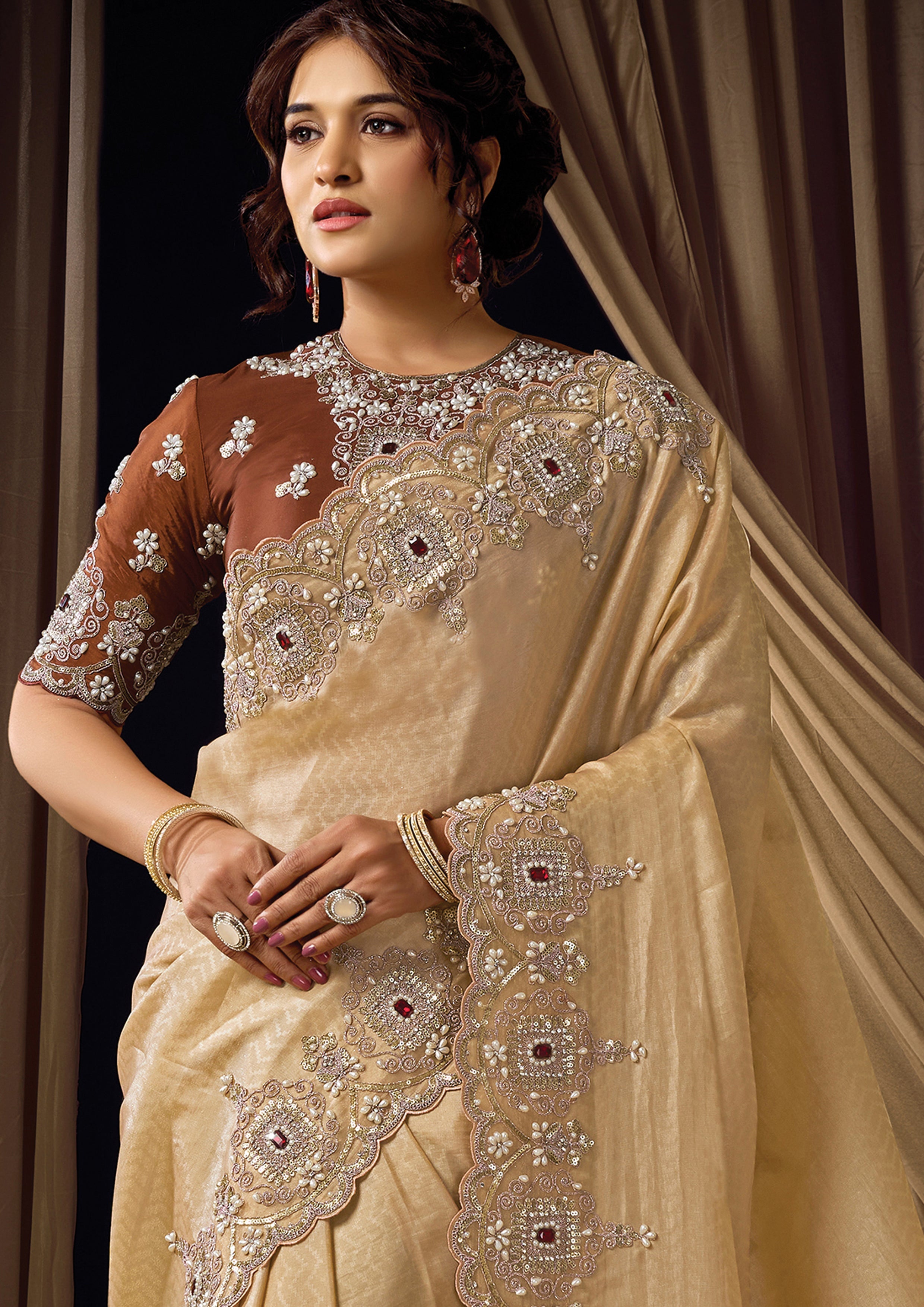 Soft Beige Embellished Woven Jacquard Silk Saree