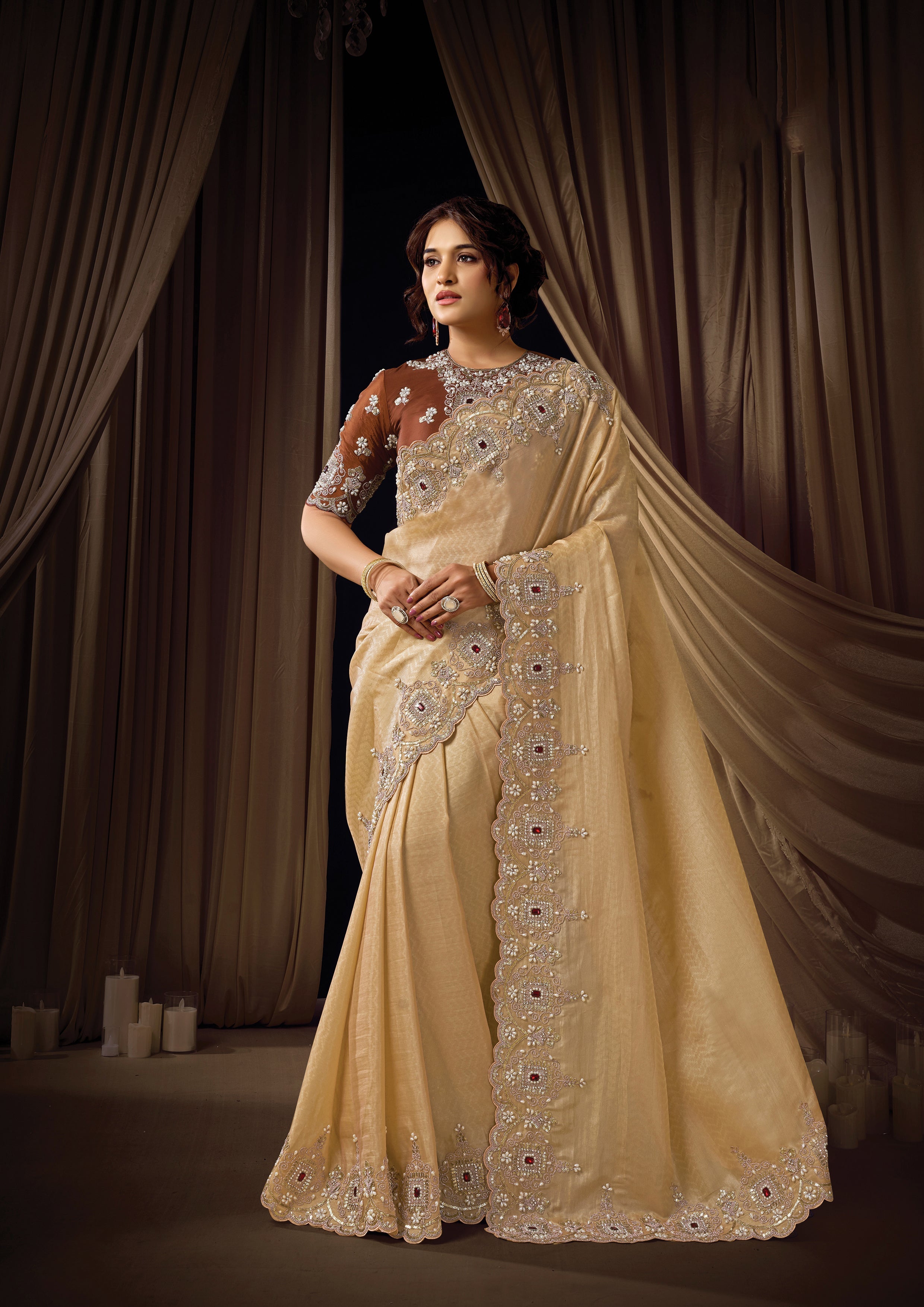 Soft Beige Embellished Woven Jacquard Silk Saree