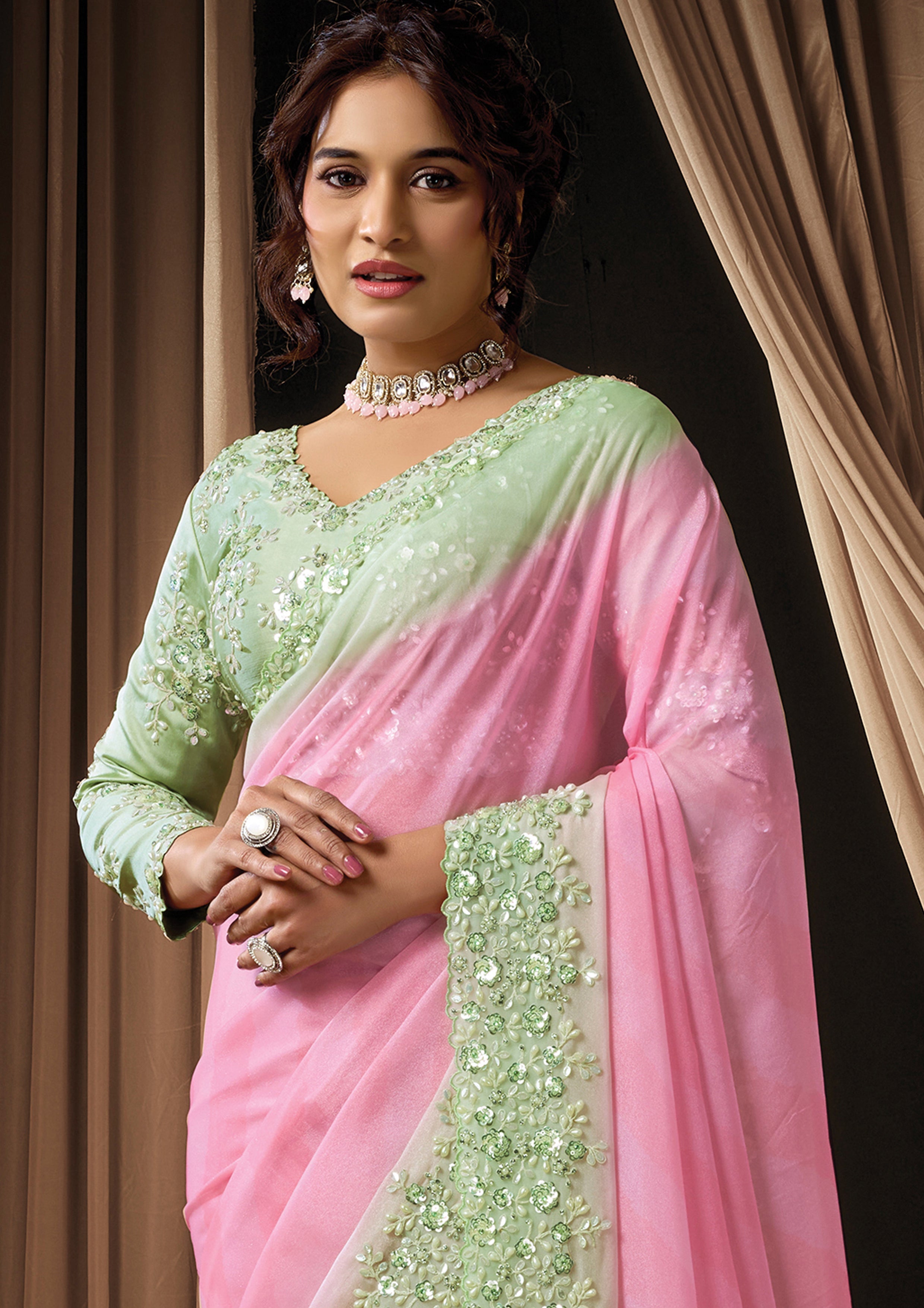 Pista Pink Ombre Embellished Georgette Silk Saree