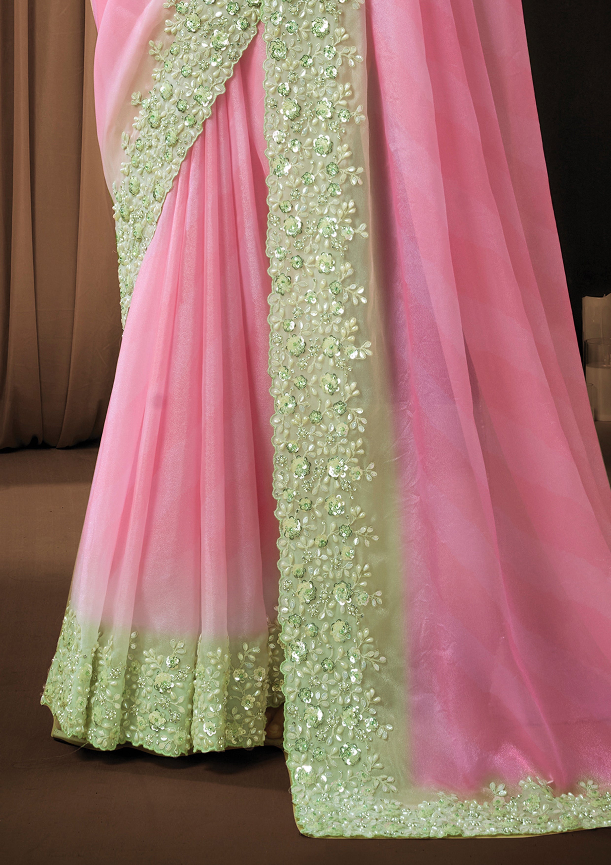 Pista Pink Ombre Embellished Georgette Silk Saree