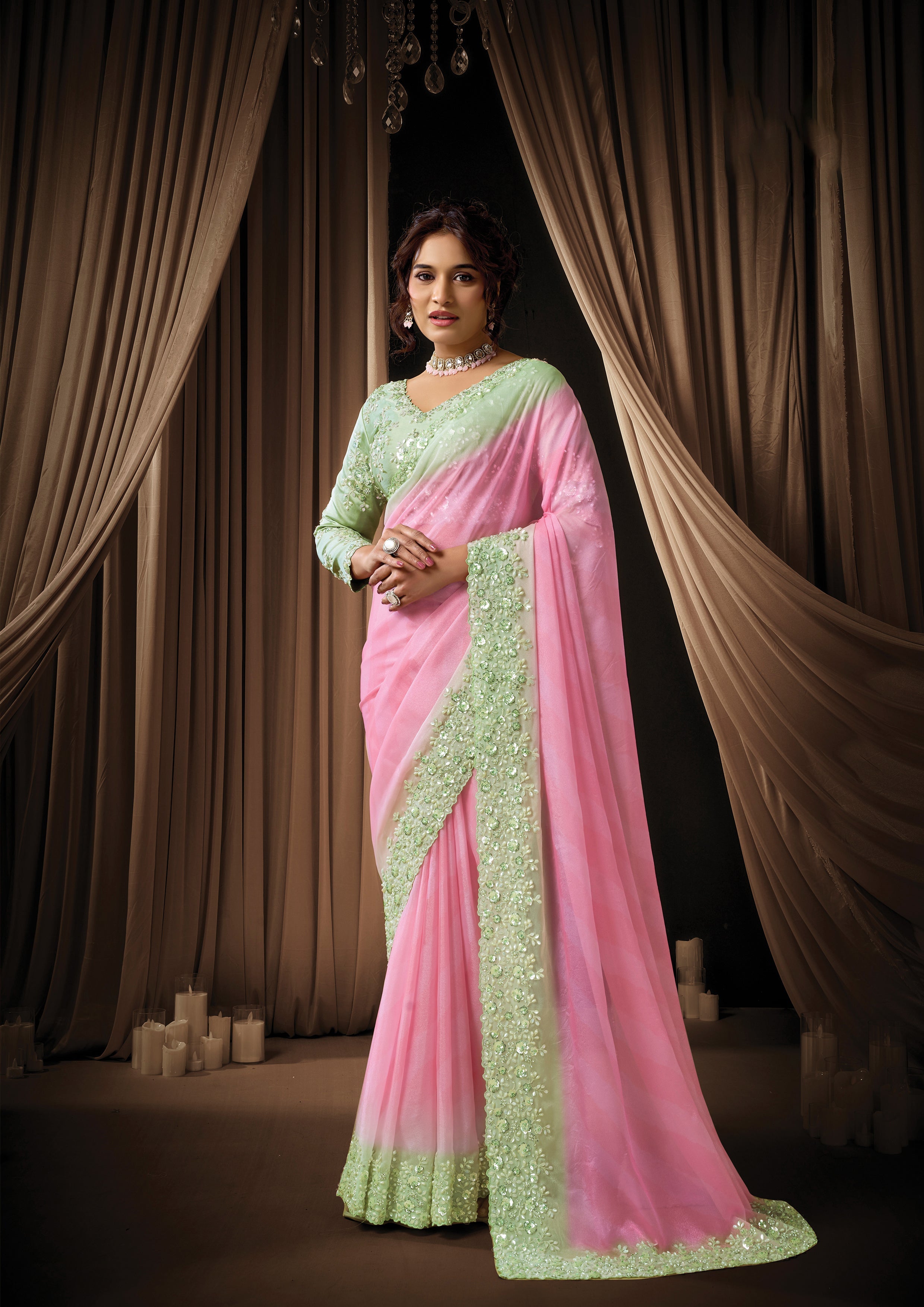 Pista Pink Ombre Embellished Georgette Silk Saree