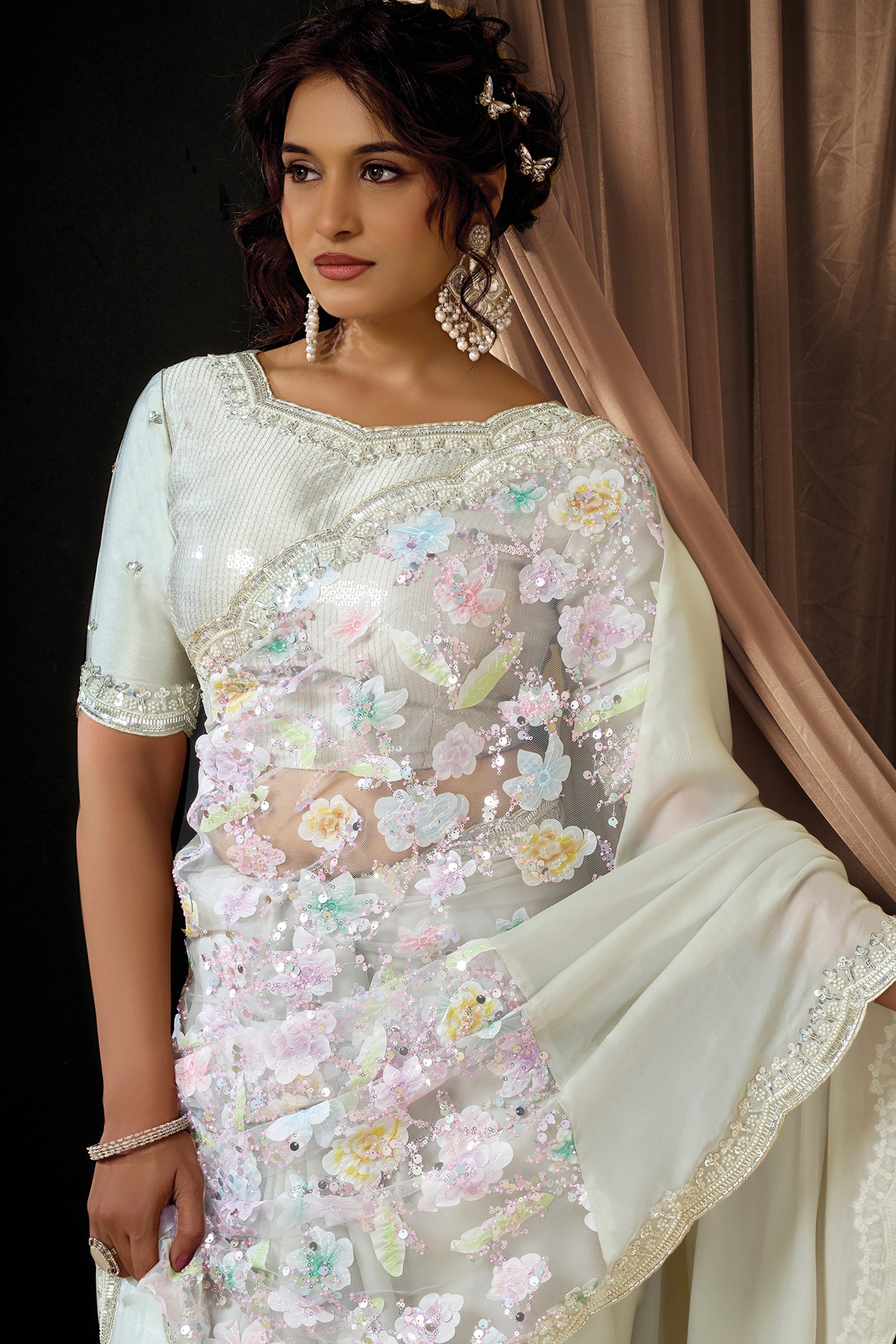 Light Grey Embellished Satin Silk Saree