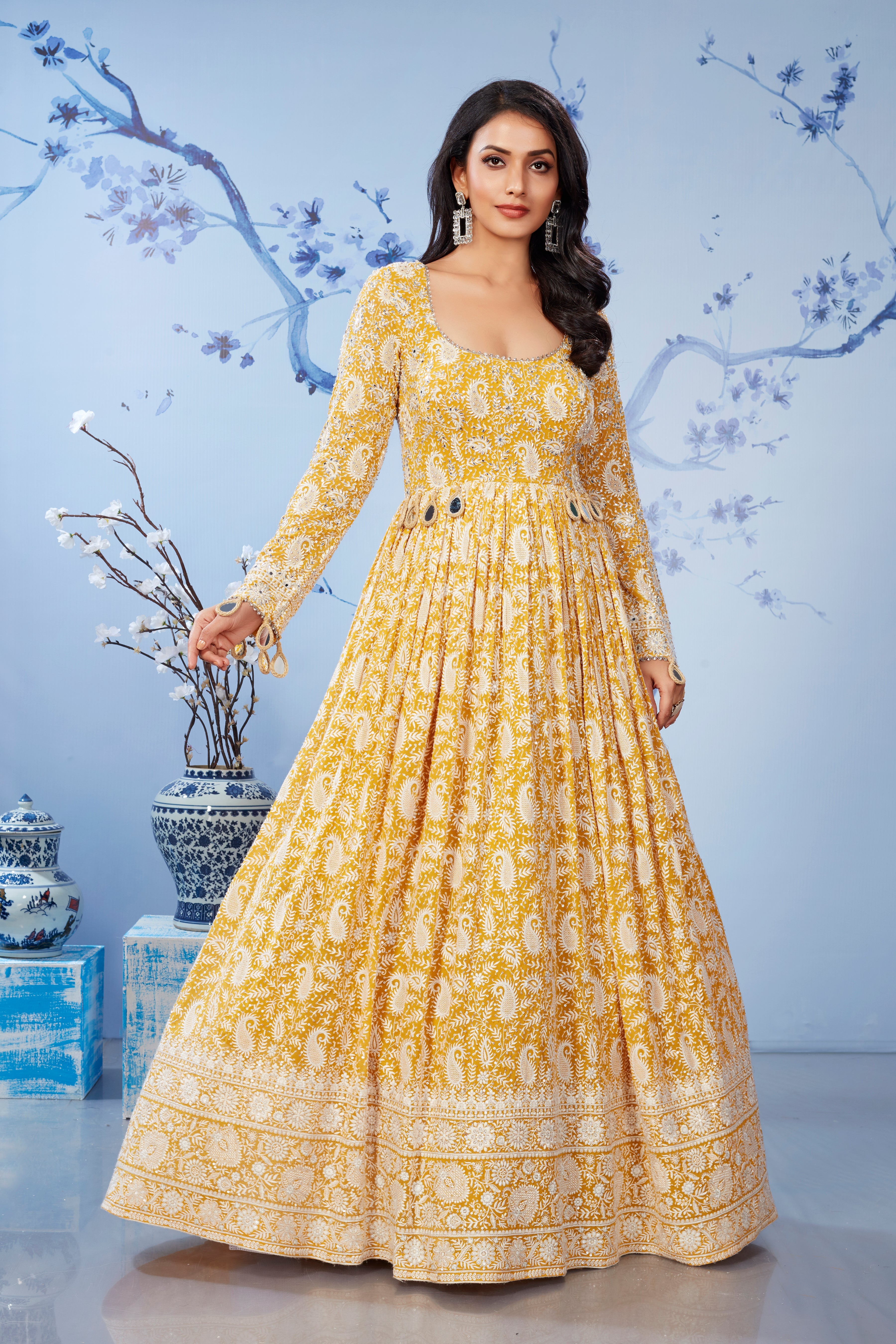 Festive Yellow Embellished Italian Silk Gown