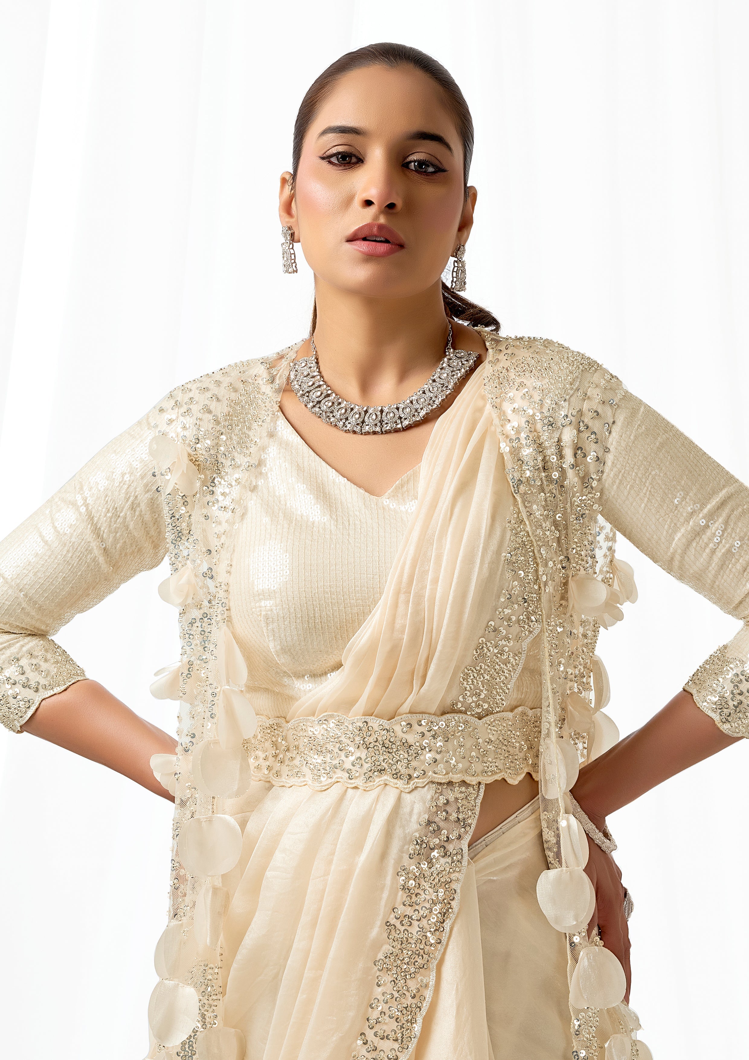 Pearl Cream Embellished Satin Silk Saree with Jacket