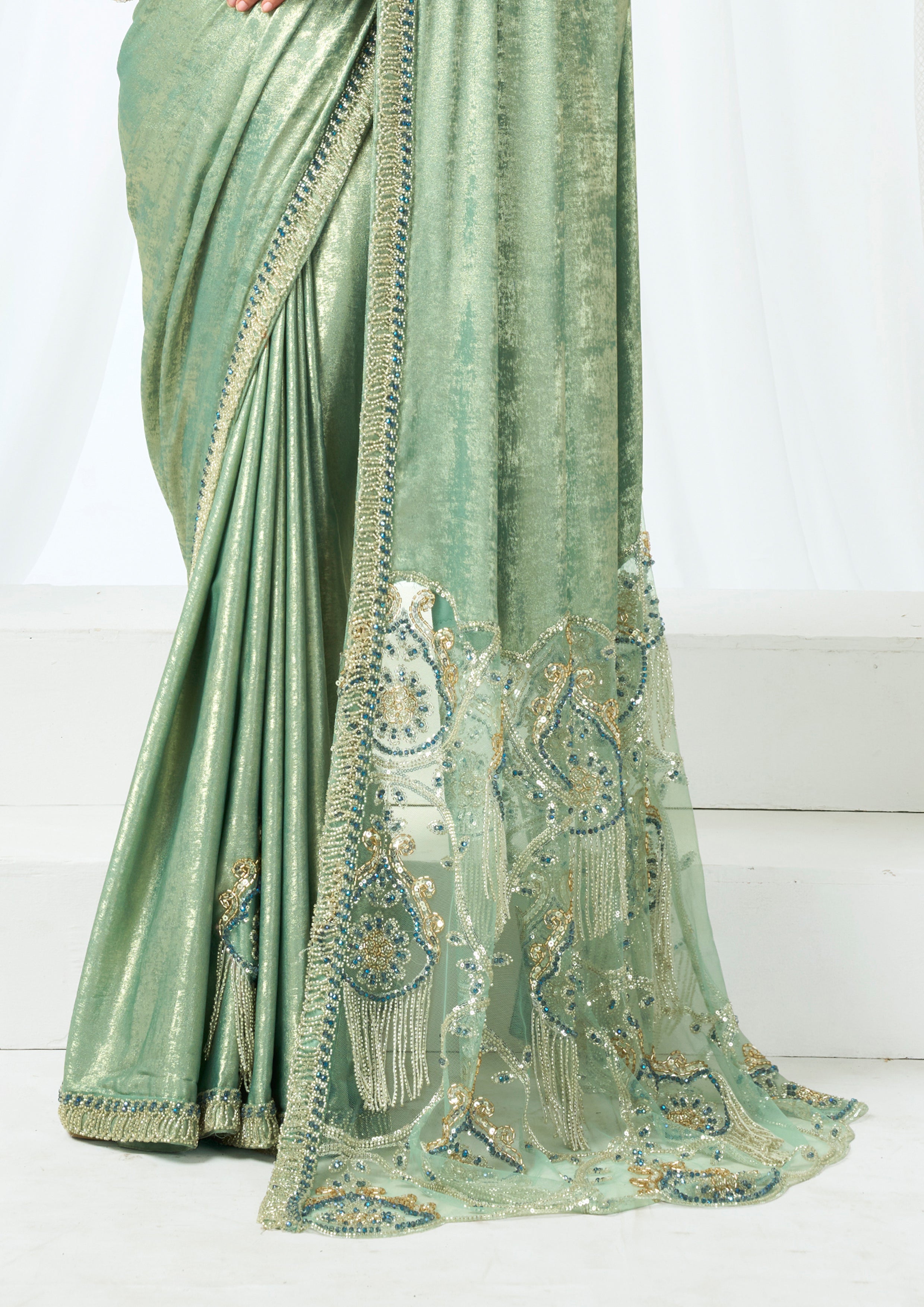 Metallic Mint Green Embellished Satin Silk Saree