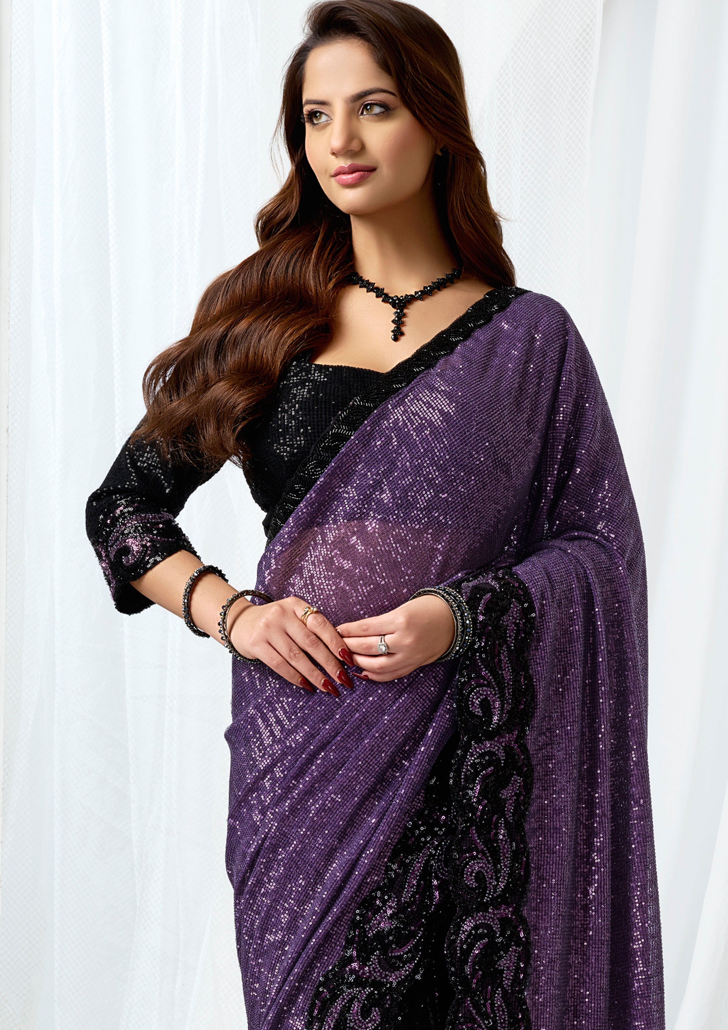 Twilight Mulberry Embellished  Premium Net Saree