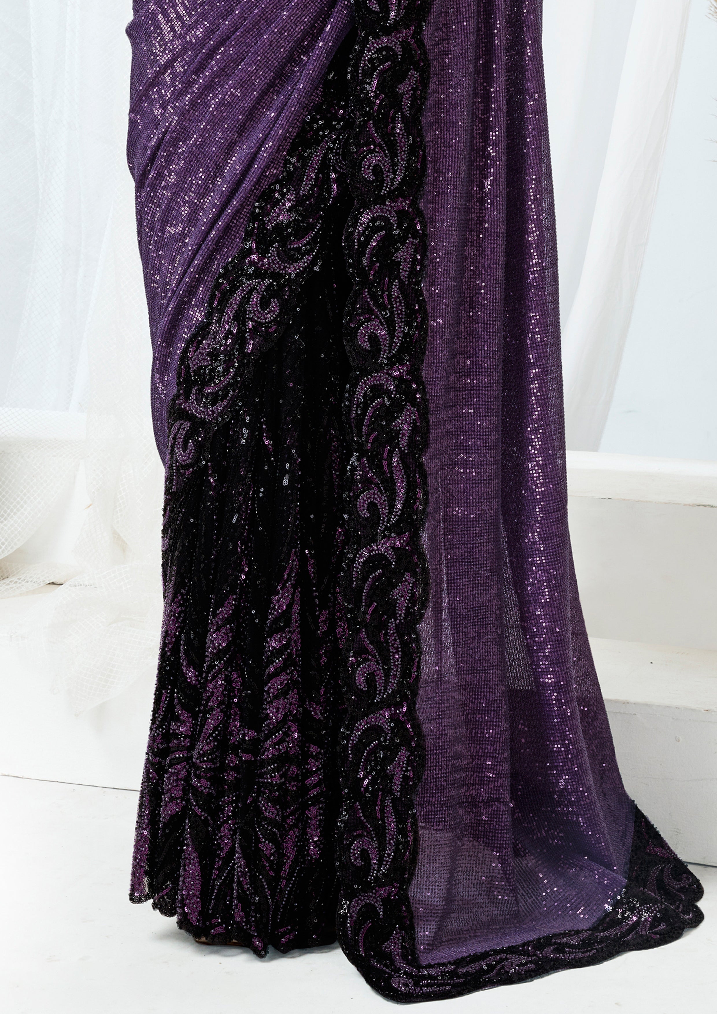 Twilight Mulberry Embellished  Premium Net Saree