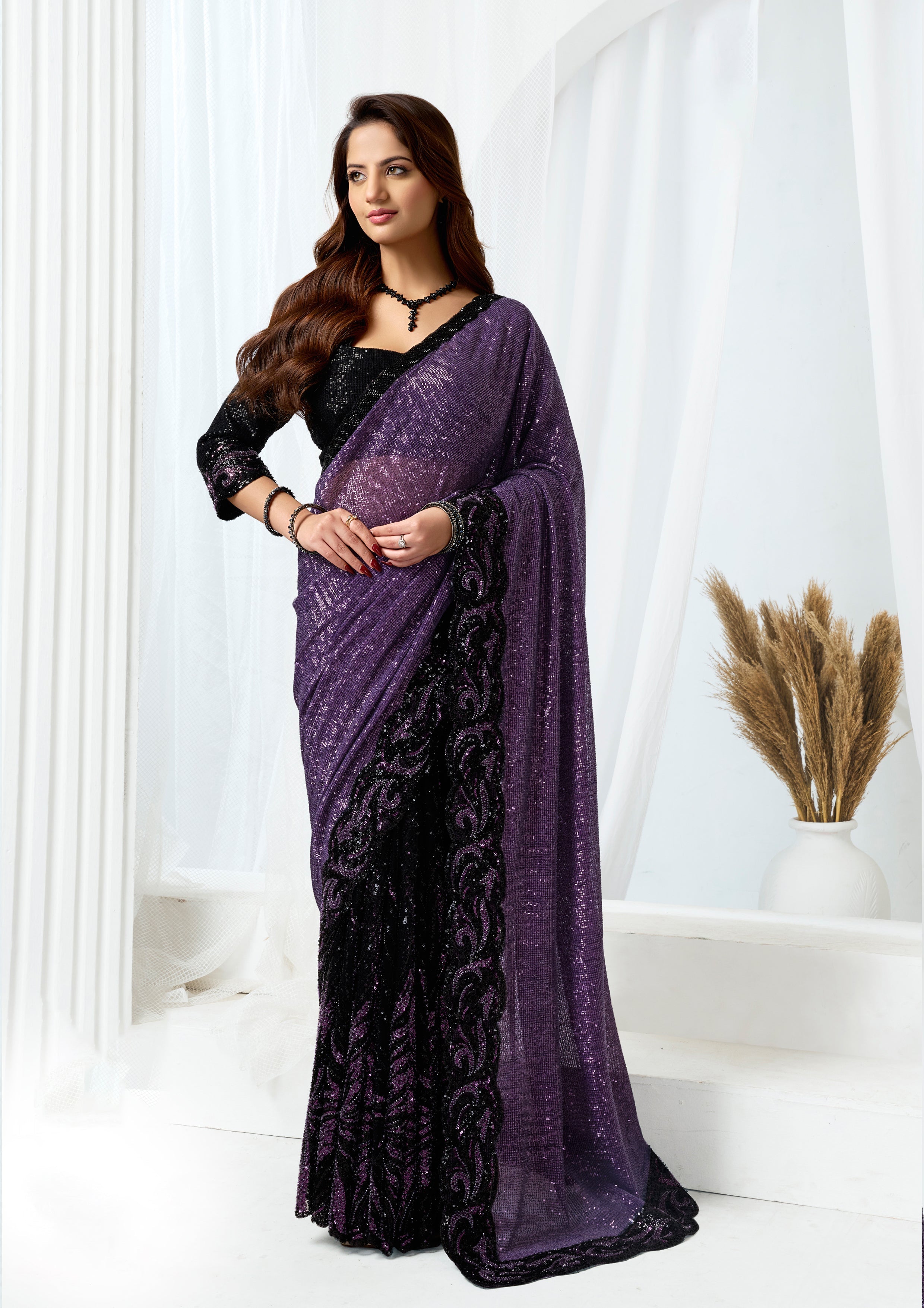 Twilight Mulberry Embellished  Premium Net Saree