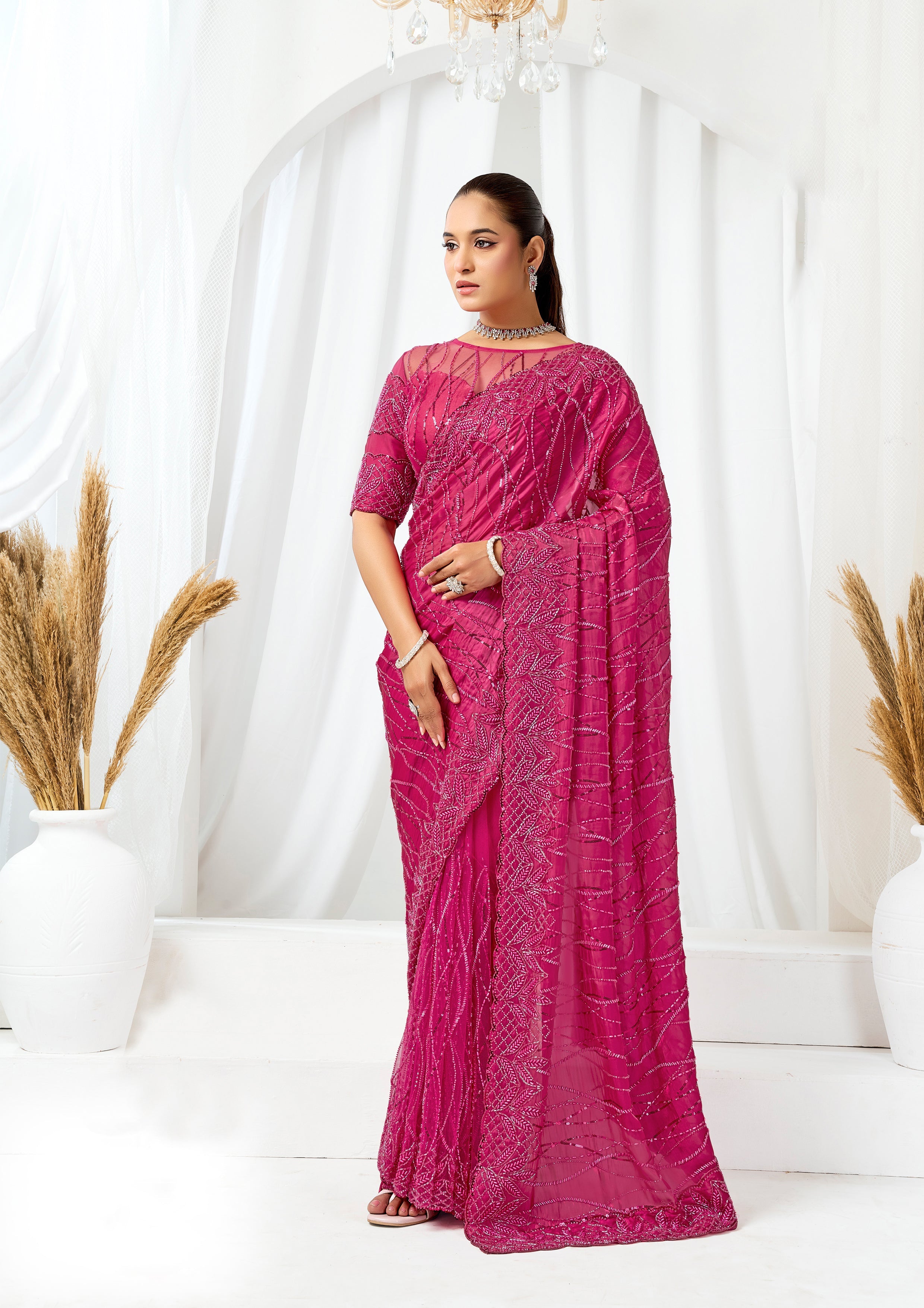 Radiant Fuchsia Embellished Crystal Satin Saree