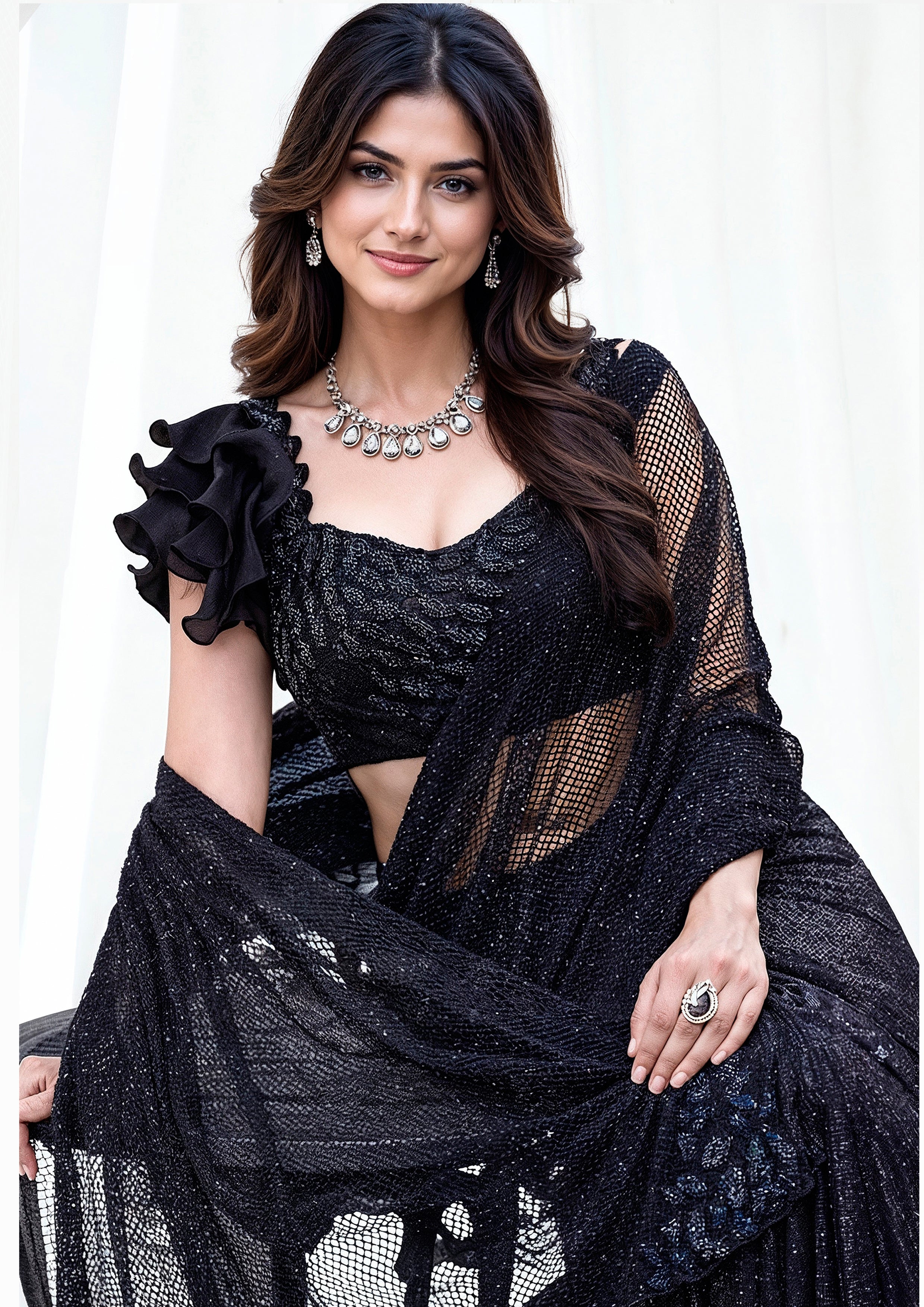 Onyx Starfall Embellished Armani Tulle Draped Saree