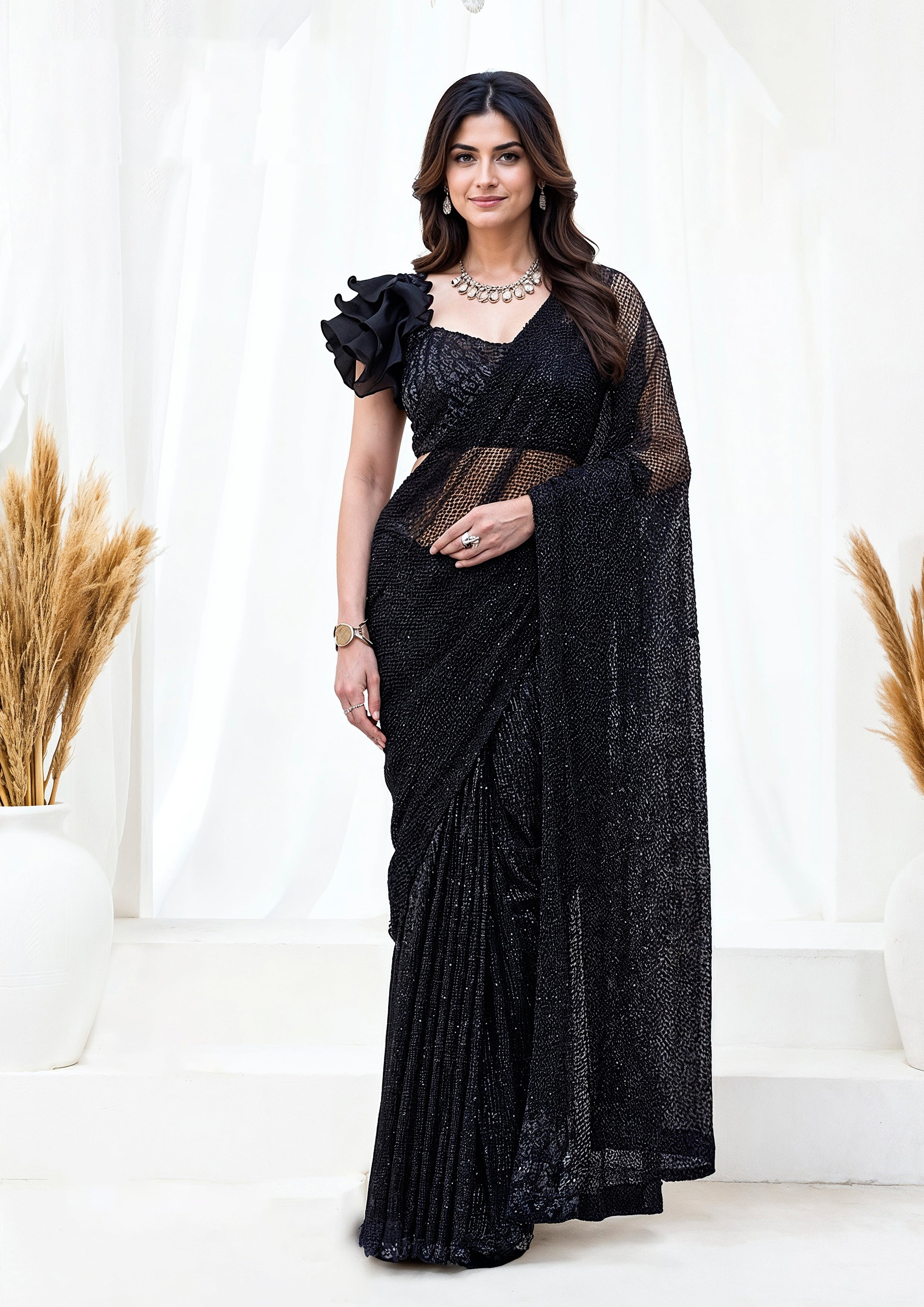 Onyx Starfall Embellished Armani Tulle Draped Saree