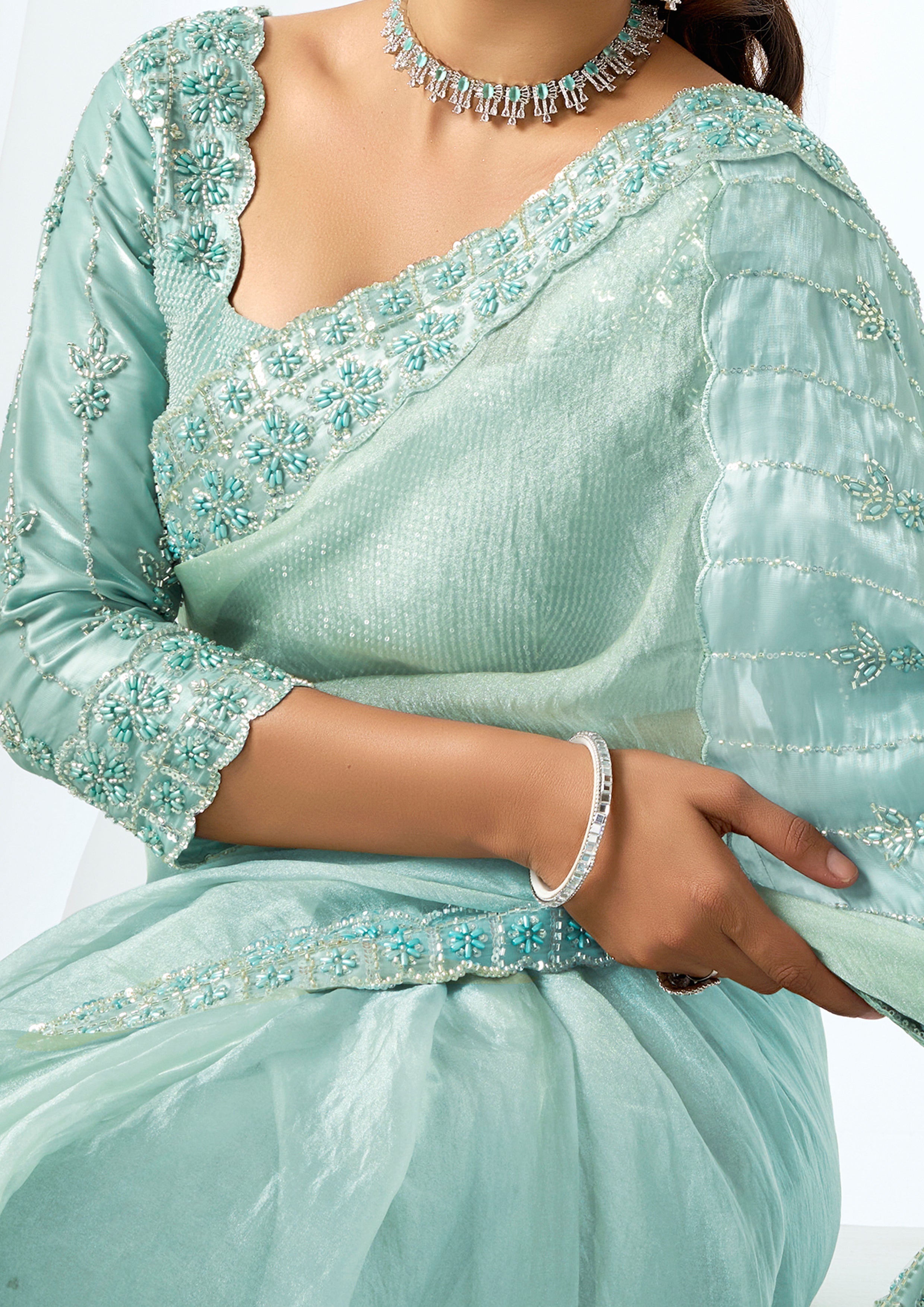 Seafoam Pearl Embellished Organza Satin Saree