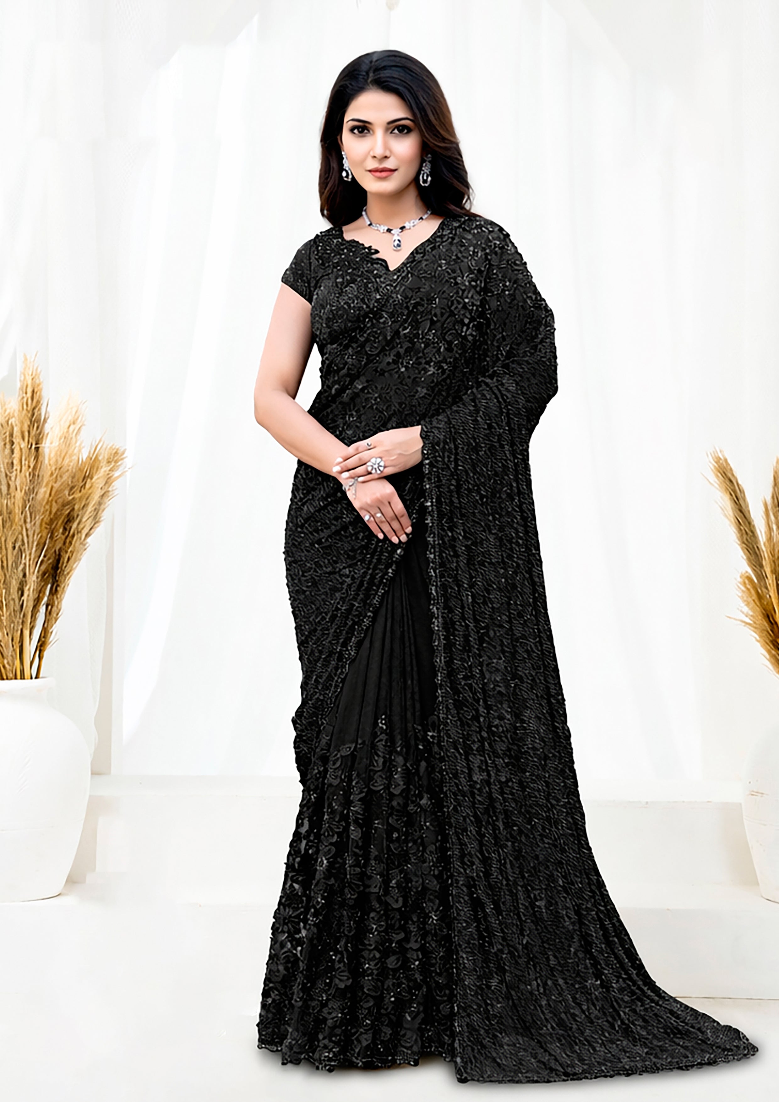 Noir Shimmer Embellished Tule Saree